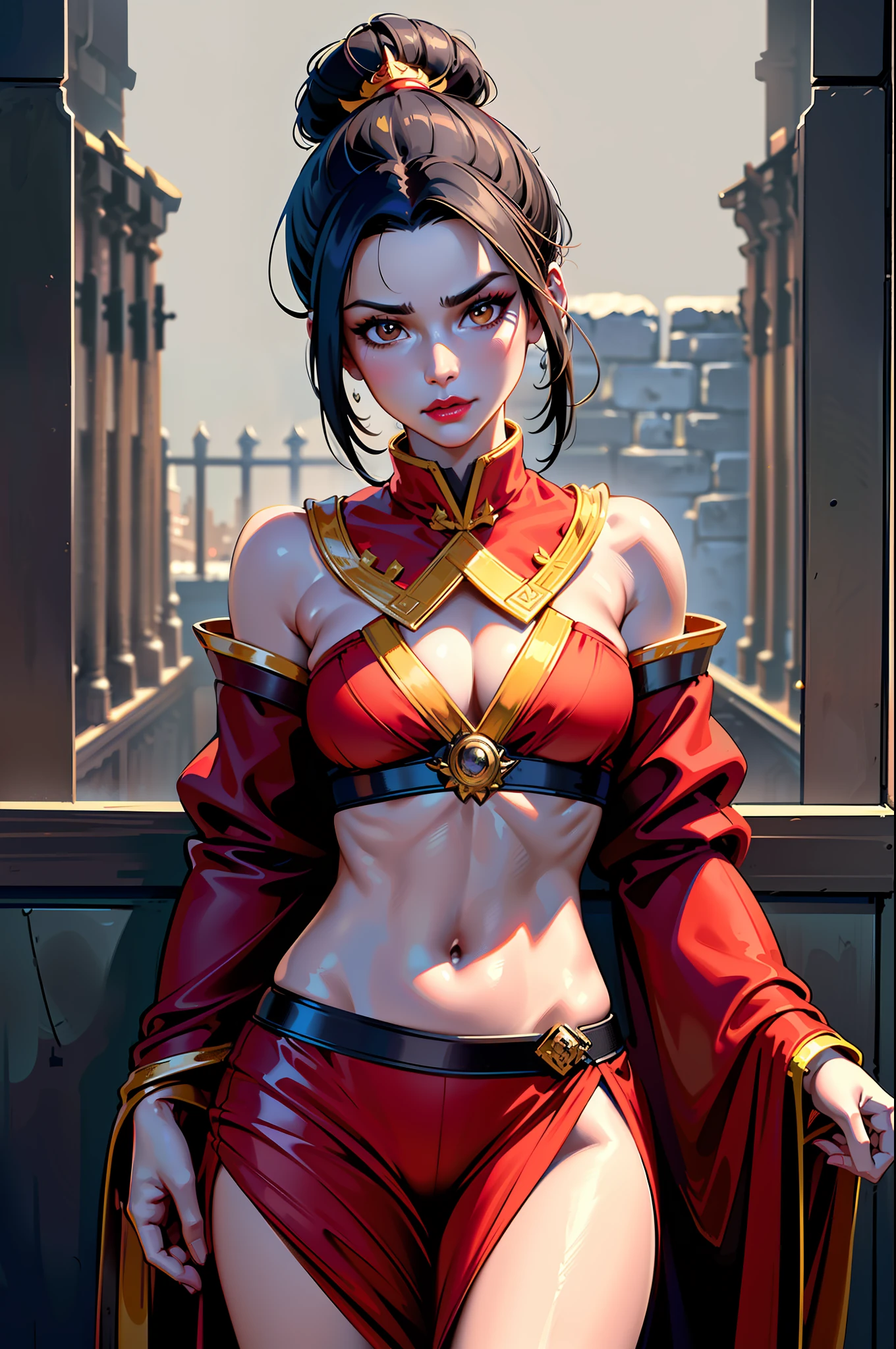 ultra-realistic 8k CG, masterpiece, ((ultra detailed background, fine drawing, intricate details, high detail, better quality fine details, hyper-detailed face)), (photorealistic: 1.4), beautiful lighting, absurdity, RAW photo, film grain, Azula, 1girl, solo, black hair, brown eyes, makeup, lipstick, red lips, single hair bun, navel, side strands, hair decoration, ((medium breasts, slim girl)), (open kimono)), ((complex detailed background, inside, dim lighting, moody lighting, inside the castle, castle wall, inside, medieval castle environment))