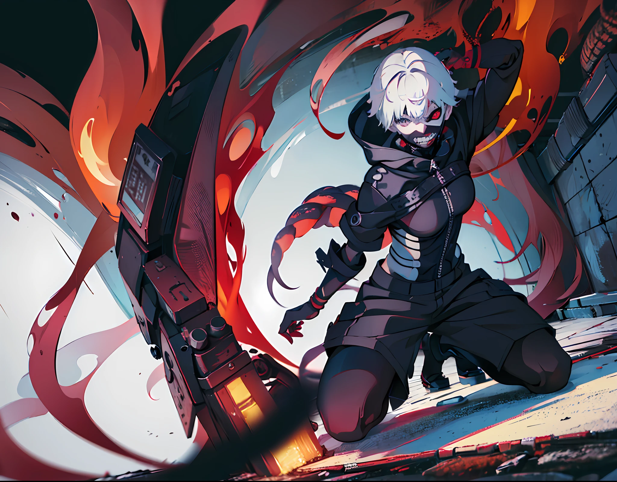 (masterpiece, high quality:1.4), (kaneki ken, black hair, (white hair), red and black eye, mask | teeth, big boobs, blood eyes, black clothes, scorpio tentacles), blood, ((full body)), (dynamic pose),close up shot, black background, thrilling, (fierce face), powerful aura, glowing red eye,blood tentacles,kagune powers,8k,64k, HD, unparalleled masterpiece, dynamic lighting, cinematic, epic, highest quality digital art