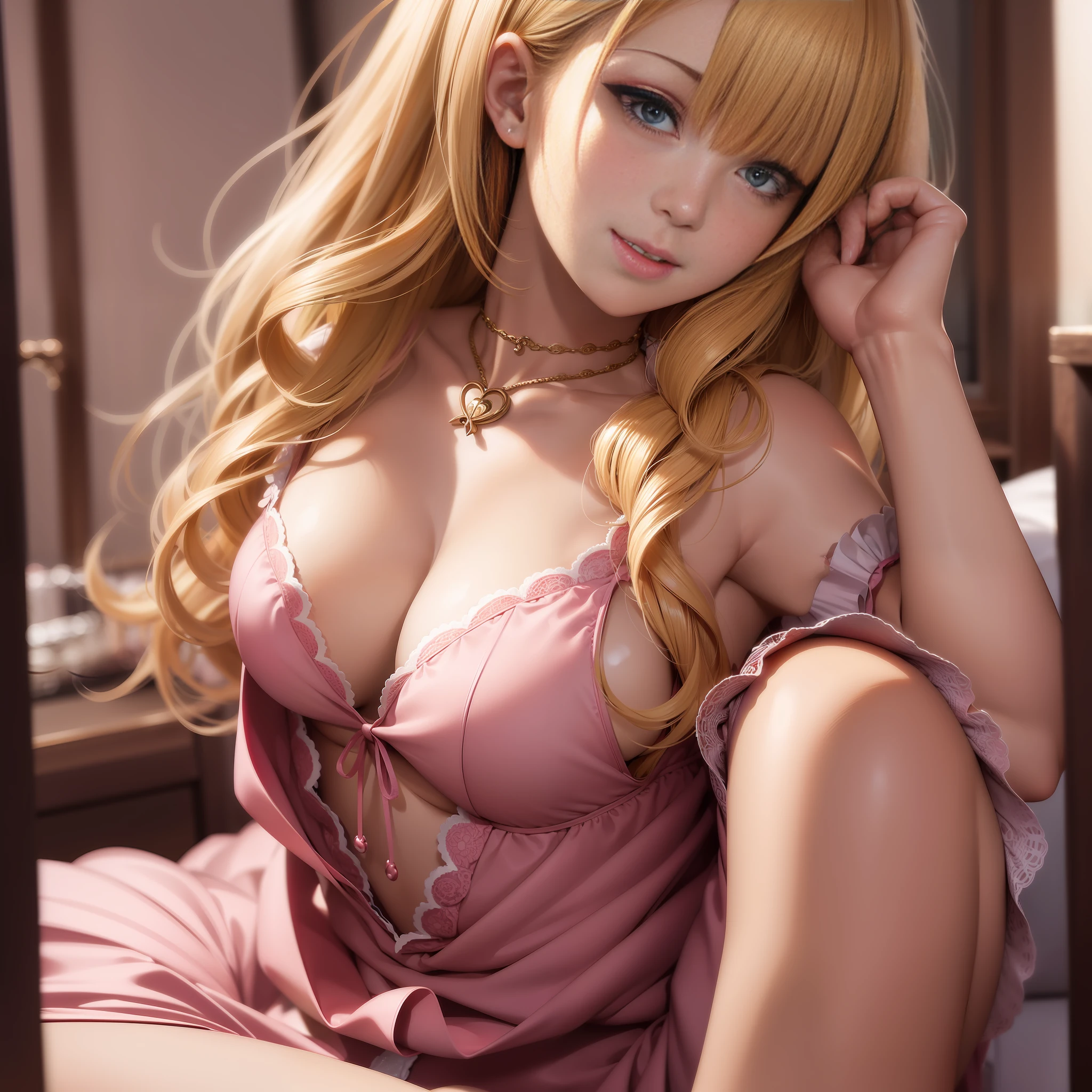 (8k, top quality, masterpiece:1.2), super detailed, one girl,cute, solo,, beautiful woman in perfect style: 1.4, ((blonde hair, big: 1.2)), very detailed face and skin texture, detailed eyes, double eyelids, cleavage, underwear, realistic and photogenic image quality, have a mobile phone, anime moe art style, ecchi anime style, Anime portrait of Ringo Shiina, ecchi, Renanounen style 3/4, digital anime illustration, anime style, realistic sensual gravure idol, invincible smile, pink background, little idiot attitude, little devil girl