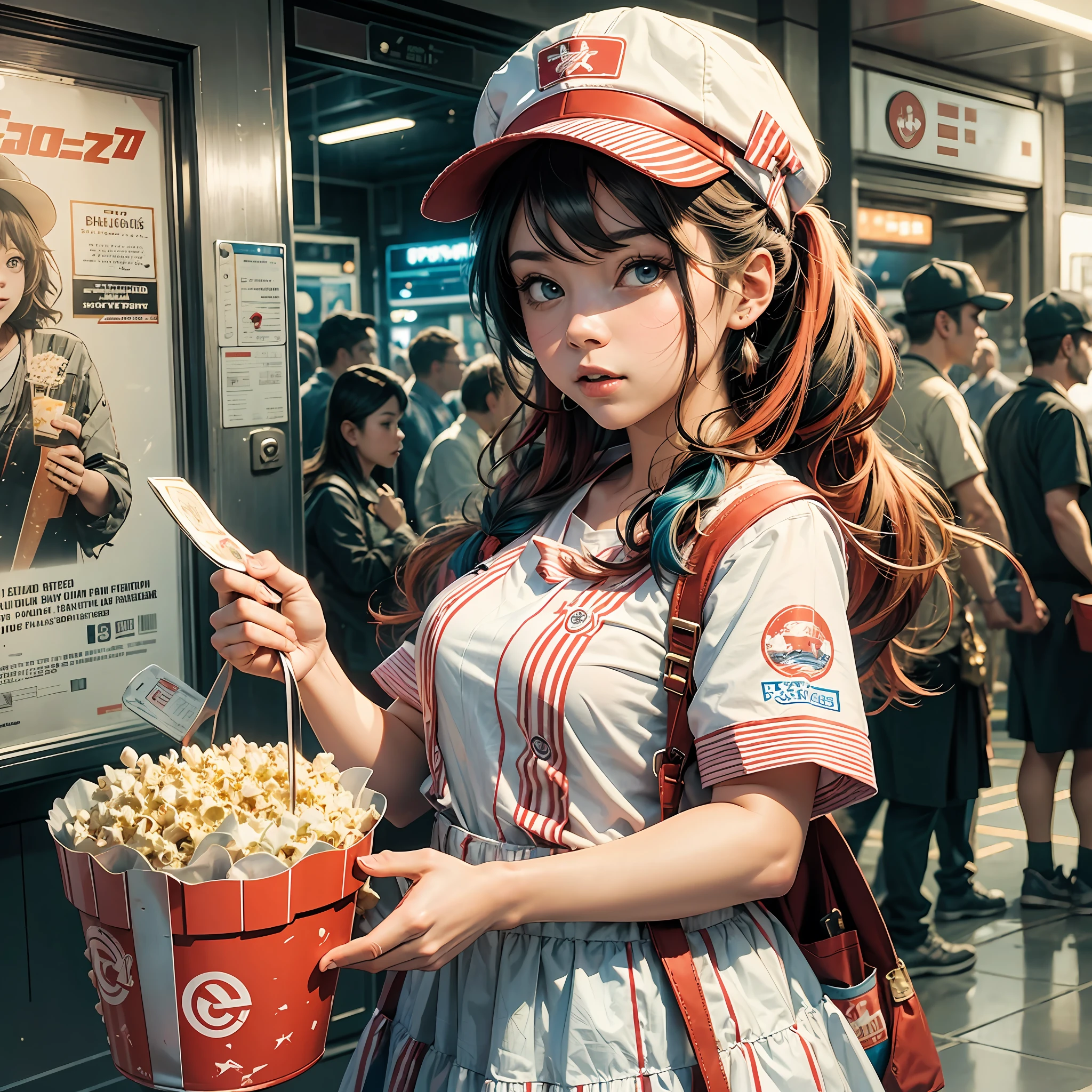 a young anime girl selling popcorn at a movie theater. She is wearing a red and white striped uniform with a matching hat, and holding a large bucket of popcorn in one hand while extending the other hand out to offer a bag of popcorn to the viewer.  The girl's hair is styled in long pigtails with pink ribbons, and she has big, expressive eyes that convey a sense of excitement and energy. The background of the image is a movie theater lobby, with posters for upcoming films and a concession stand visible in the distance.  The popcorn bucket is overflowing with popcorn, with some pieces spilling out onto the ground. The bag of popcorn that the girl is offering has a cartoonish, exaggerated size, conveying a sense of fun and playfulness. --auto --s2