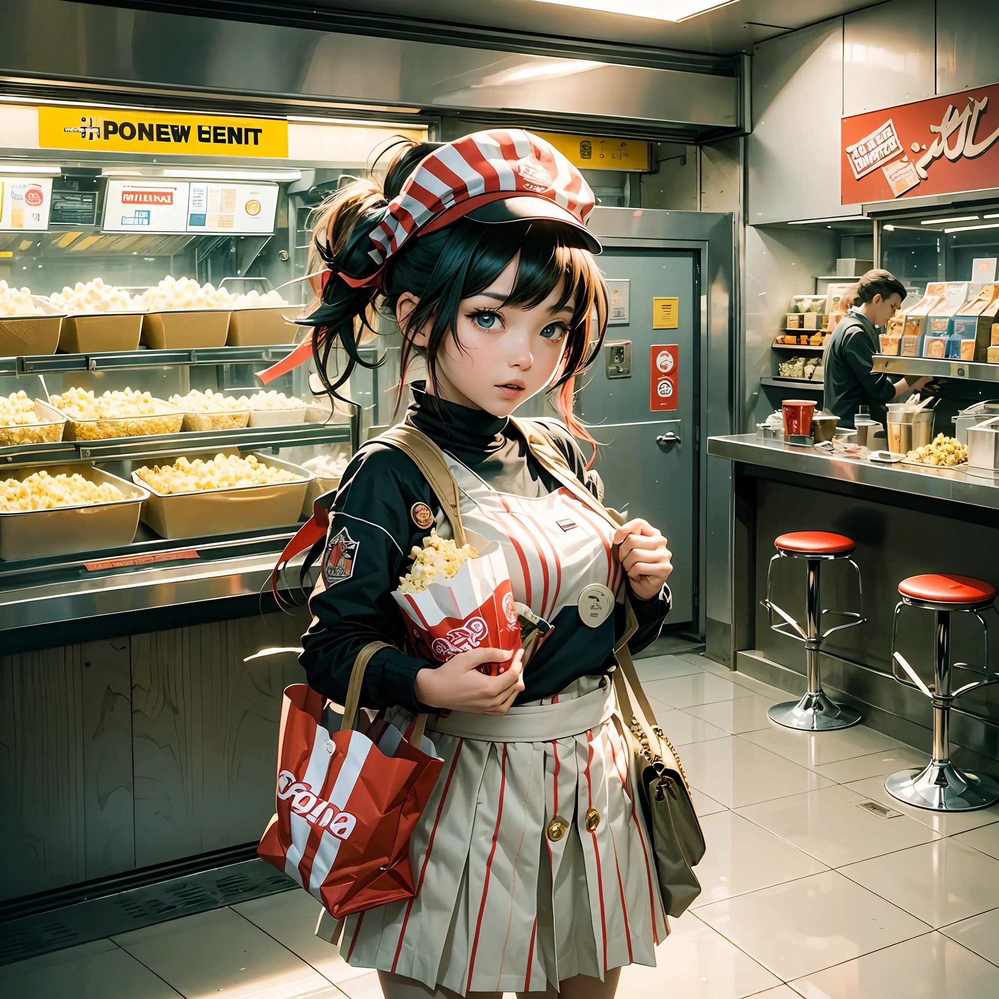 a young anime girl selling popcorn at a movie theater. She is wearing a red and white striped uniform with a matching hat, and holding a large bucket of popcorn in one hand while extending the other hand out to offer a bag of popcorn to the viewer. The girl's hair is styled in long pigtails with pink ribbons, and she has big, expressive eyes that convey a sense of excitement and energy. The background of the image is a movie theater lobby, with posters for upcoming films and a concession stand visible in the distance. The popcorn bucket is overflowing with popcorn, with some pieces spilling out onto the ground. The bag of popcorn that the girl is offering has a cartoonish, exaggerated size, conveying a sense of fun and playfulness. --auto --s2