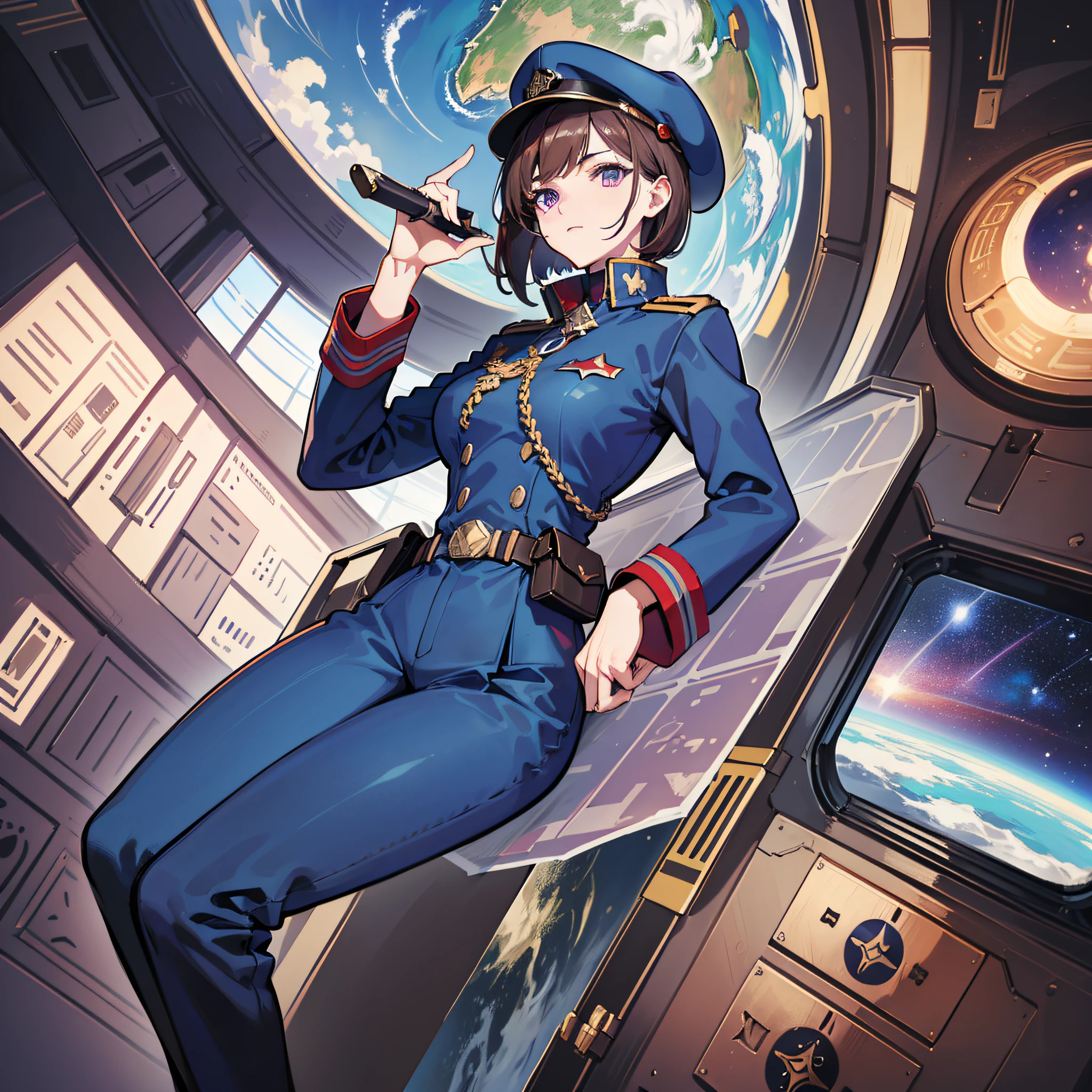 ((Masterpiece)), ((Best Quality)), ((Best Quality)), (Illustration of One Girl), Full Body, 25 Years Old, Neutral, Elite, Brown Hair, (((Short Hair)), Purple Eyes, (Tall)), (Muscular Strong Body)), ((Military Uniform)), (Military Hat)), ((Military Coat)), (Dark Blue Clothes), (Dark Blue Trousers), (((Red Hat)), Trench Coat, (Inside the Spaceship)), (Outside the Window, Space, Earth seen from space, spaceport)