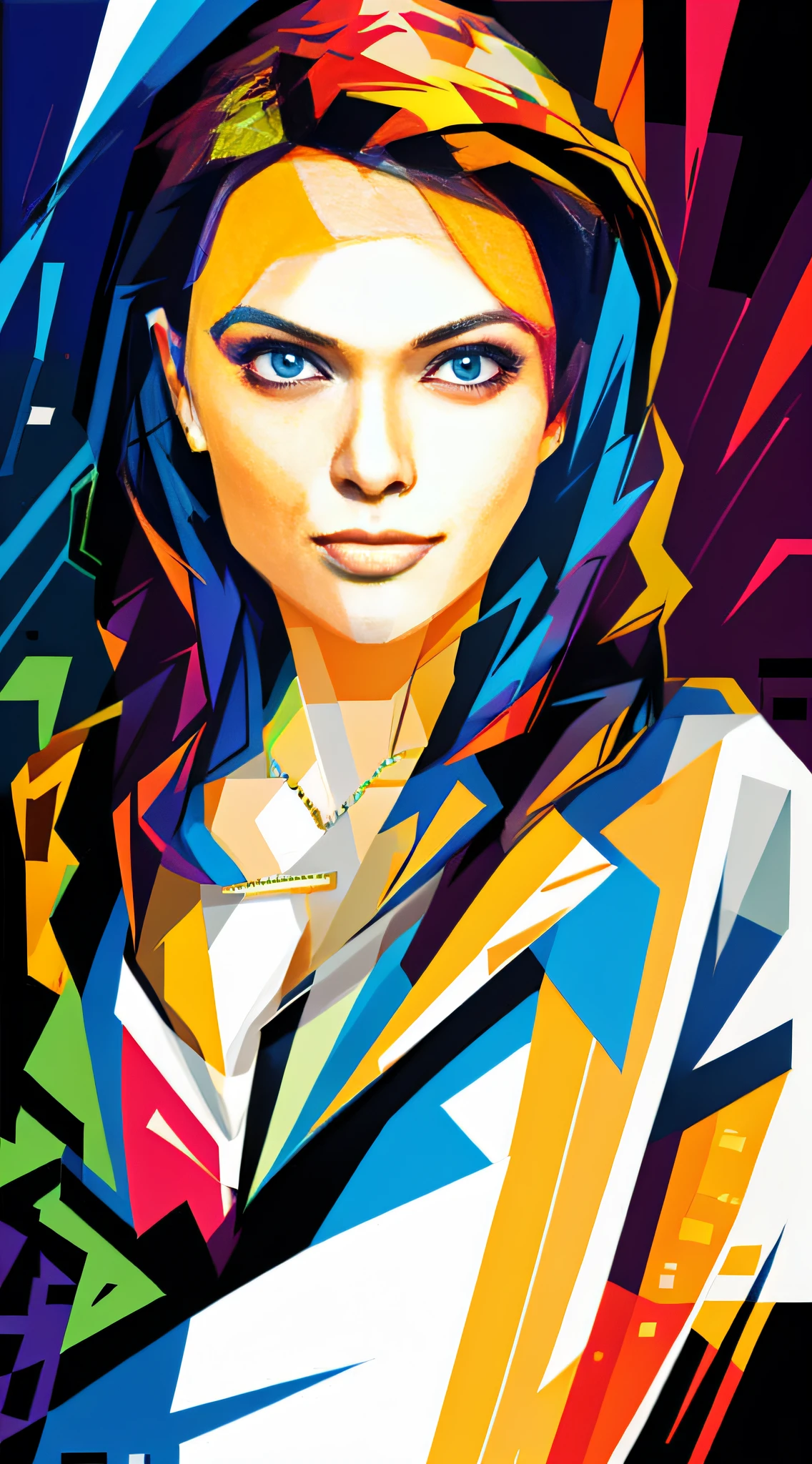 WPAP style, woman portrait, harmonic color, futuristic cubism, classic brushstrokes, graffit style