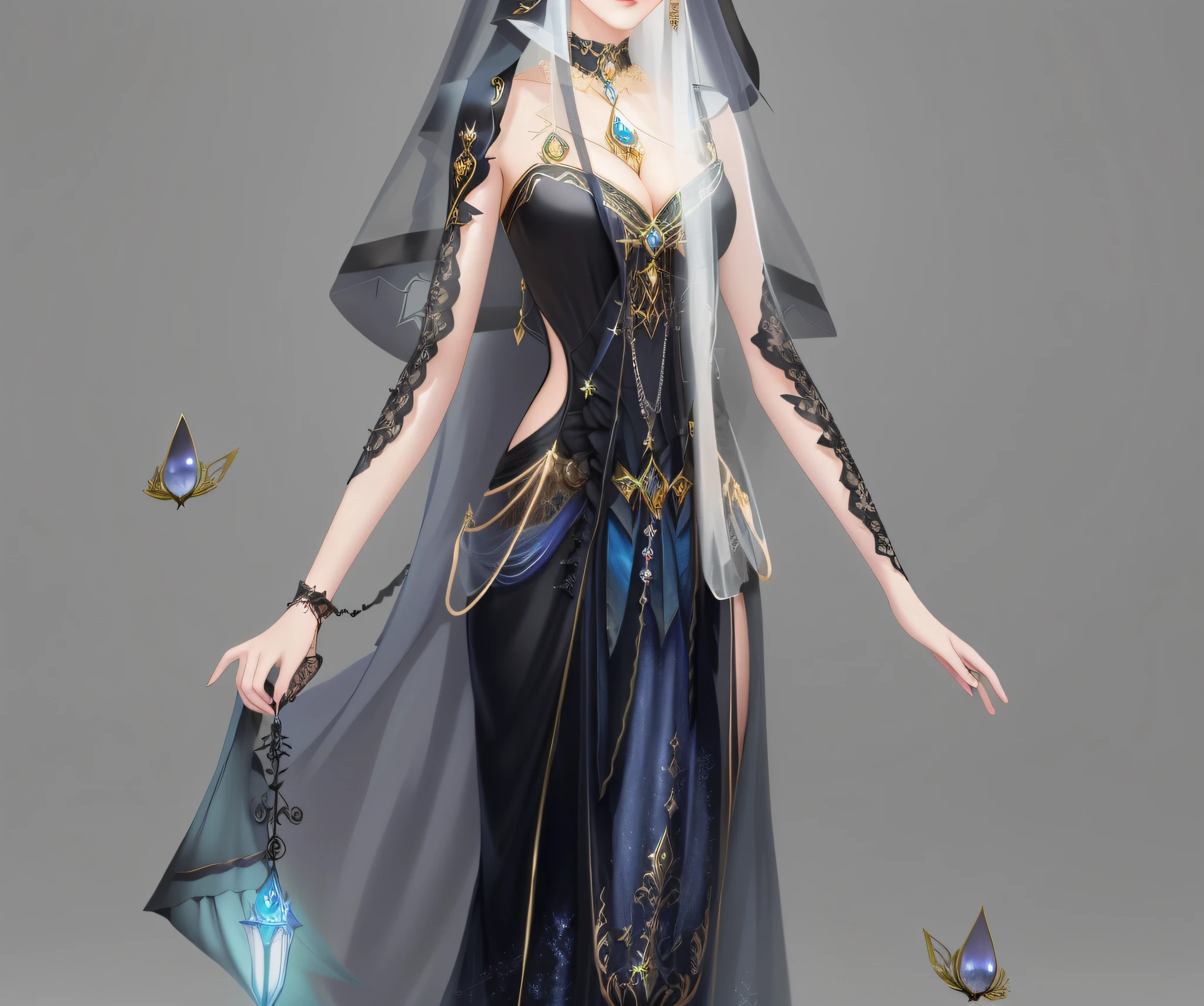 anime - style image of a woman dressed in a black dress and veil, beautiful and elegant elf queen, beautiful celestial mage, astral witch clothes, human :: sorceress, fantasy art style, clothes themed on a peacock mage, shadowverse character concept, a beautiful sorceress, fantasy outfit, ((a beautiful fantasy empress)), beautiful necromancer