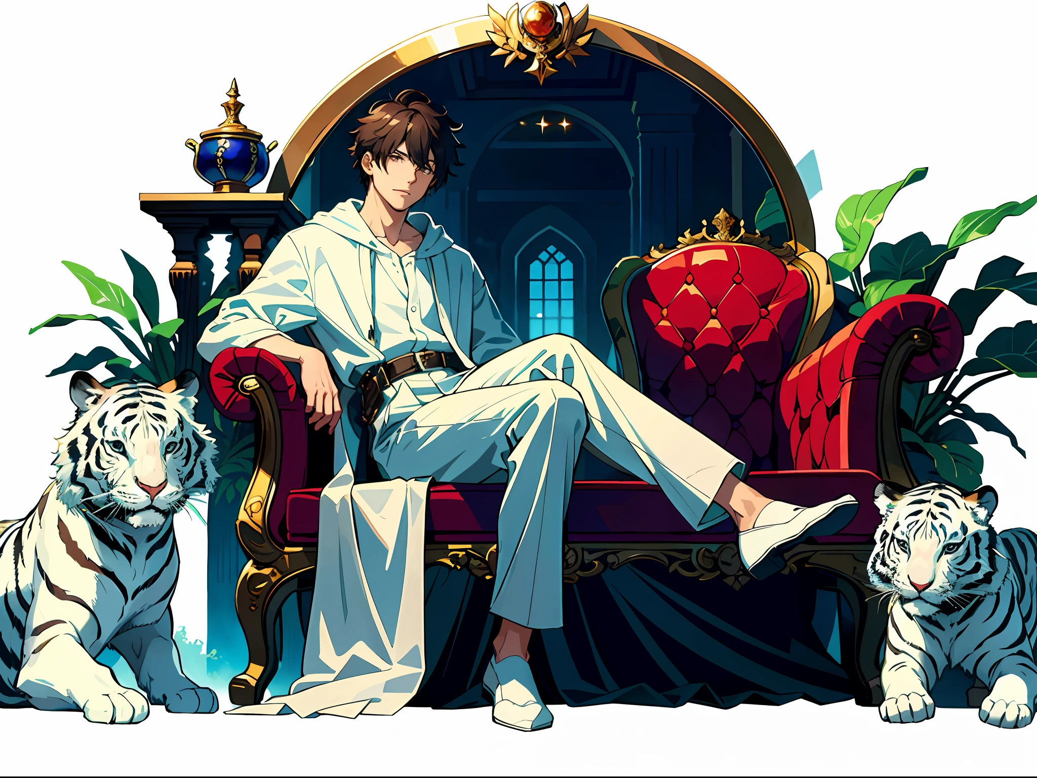 (High resolution: 1.2, Maximum quality: 1.3, Simple style: 0.9, Super detail: 1.2). In the picture, a young man (1 person) sits on a generous and gorgeous throne, and behind him appears a silent and powerful white tiger phantom, and the main line of the scene is simple and clear, reflecting the charm of the protagonist.