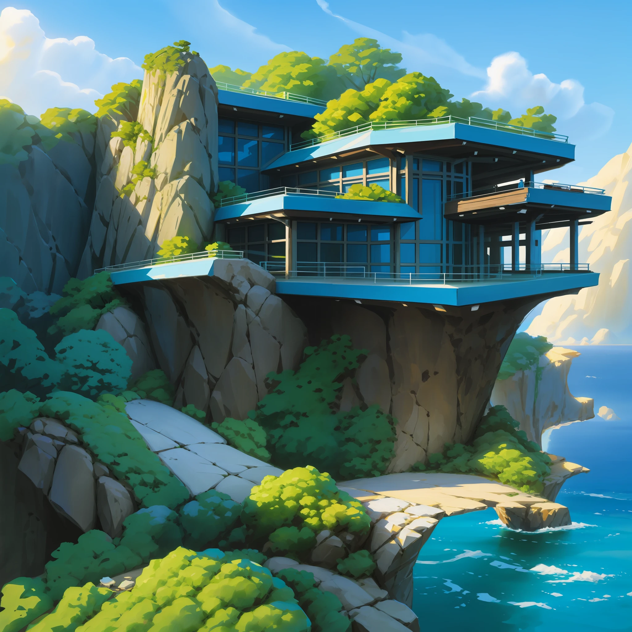 a modern futuristic design large cliff House's with a artificial waterfall and a pool in the middle, nature meets architecture, built around blue ocean, realistic beehive architecture, organic architecture, very close to real nature, breathtaking render, island with cave, stunning architecture, luxury architecture, realistic fantasy render, by Zha Shibiao, epic and stunning, architectural visualization, epic architecture, concept art. 8 k