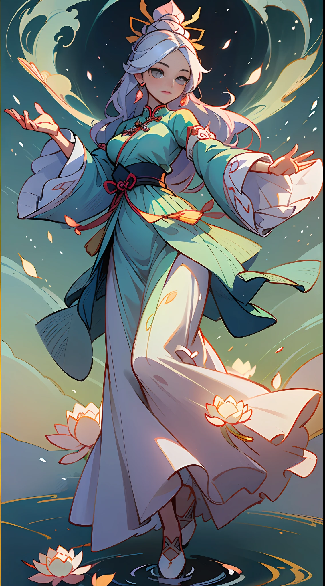 ((High-quality CG, Chinese painting style), (one female), full body picture, character standing painting, a beautiful fairy dancing in the magnificent sky, beautiful and gorgeous posture, beautiful appearance like a flower, dressed in gorgeous clothes, like the first bloom of snow lotus, eyes shining happily, full of light, brilliant magic array surrounding, containing oriental aesthetics, gorgeous fairy clothes, exquisite posture, long hair like a waterfall, white light flashing, dreamy clouds, C4D, OC rendering, movie edge light, fine light, masterpiece, super detail, epic composition, ultra HD, high quality, 32k