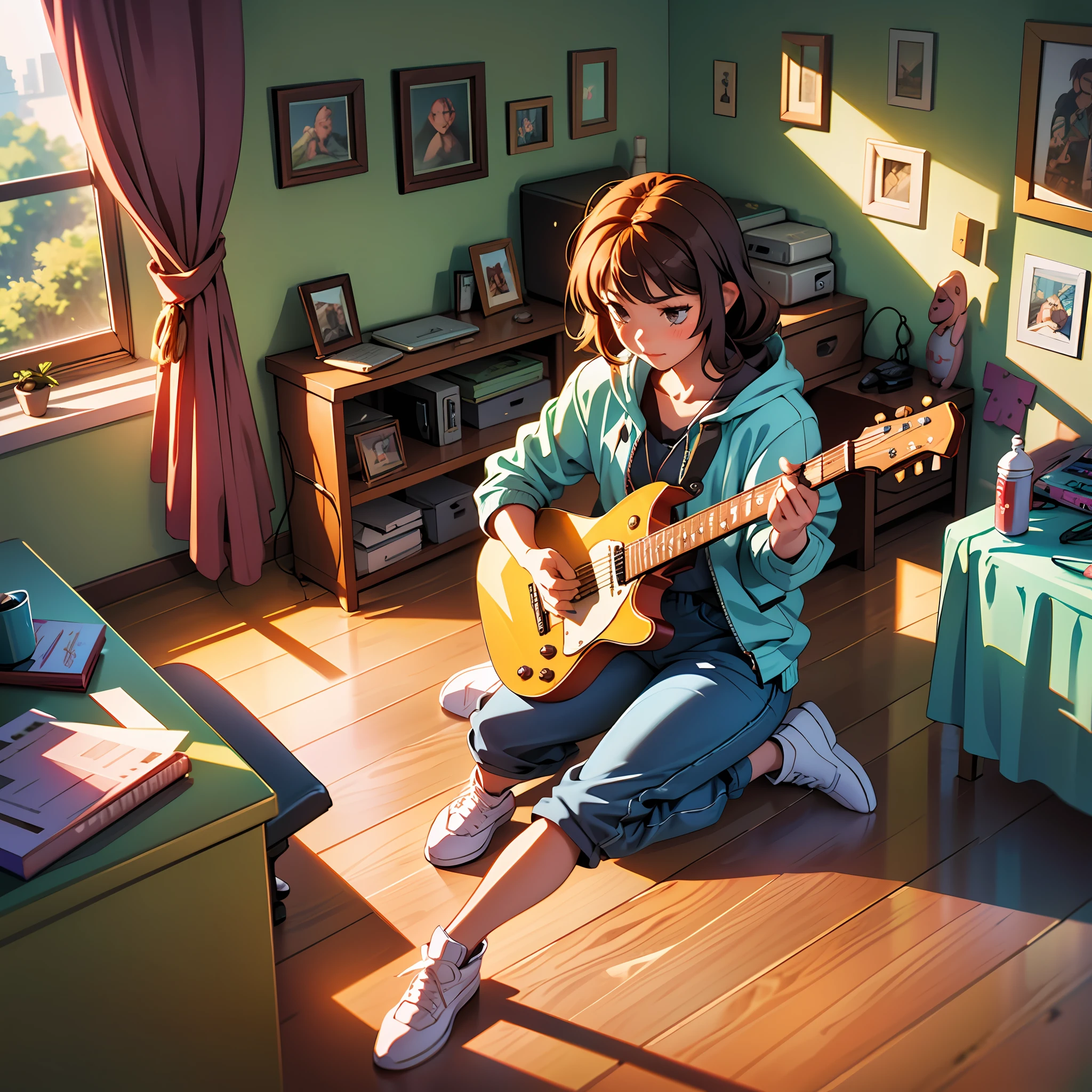 The setting sun fills the 18-year-old's bedroom, the floor is sprinkled with warm light spots, guitars full of memories are placed in the corners, and traces of teenager strokes are left on the computer keyboard. --auto --s2
