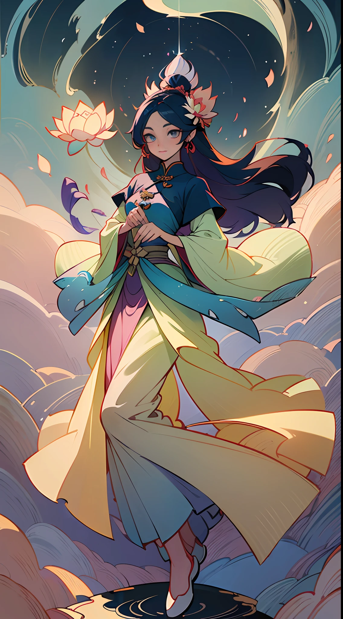 ((High-quality CG, Chinese painting style), (one female), full body picture, character standing painting, a beautiful fairy dancing in the magnificent sky, beautiful and gorgeous posture, beautiful appearance like a flower, dressed in gorgeous clothes, like the first bloom of snow lotus, eyes shining happily, full of light, brilliant magic array surrounding, containing oriental aesthetics, gorgeous fairy clothes, exquisite posture, long hair like a waterfall, white light flashing, dreamy clouds, C4D, OC rendering, movie edge light, fine light, masterpiece, super detail, epic composition, ultra HD, high quality, 32k
