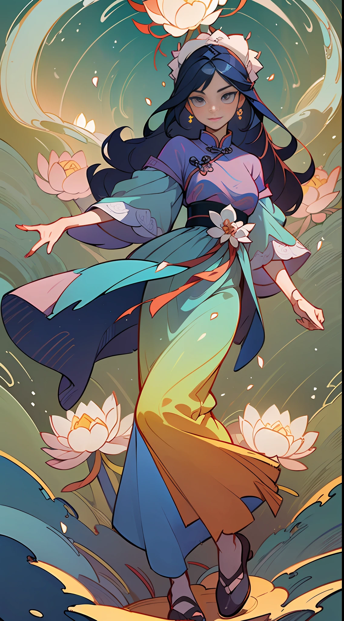 ((High-quality CG, Chinese painting style), (one female), full body picture, character standing painting, a beautiful fairy dancing in the magnificent sky, beautiful and gorgeous posture, beautiful appearance like a flower, dressed in gorgeous clothes, like the first bloom of snow lotus, eyes shining happily, full of light, brilliant magic array surrounding, containing oriental aesthetics, gorgeous fairy clothes, exquisite posture, long hair like a waterfall, white light flashing, dreamy clouds, C4D, OC rendering, movie edge light, fine light, masterpiece, super detail, epic composition, ultra HD, high quality, 32k
