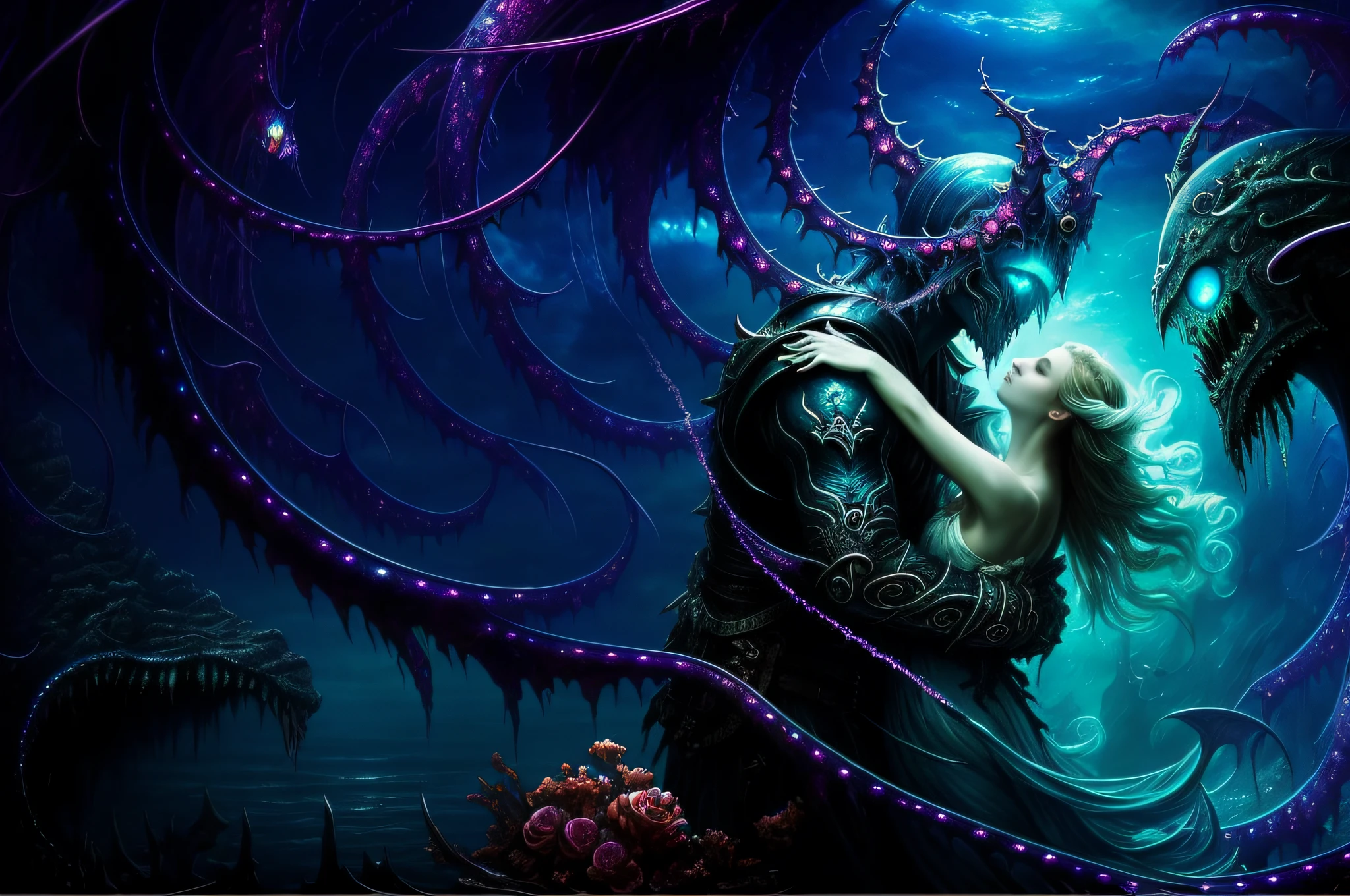 (A masterpiece), (best quality), (ultra-detailed), (extremely detailed), (stylish and surreal), (a monster embracing beauty), (romantic and gothic), (dramatic and intense), (bright and vivid), (dark and mysterious), (emotional and haunting), (deep ocean backdrop), (vibrant colors), (ethereal glow).