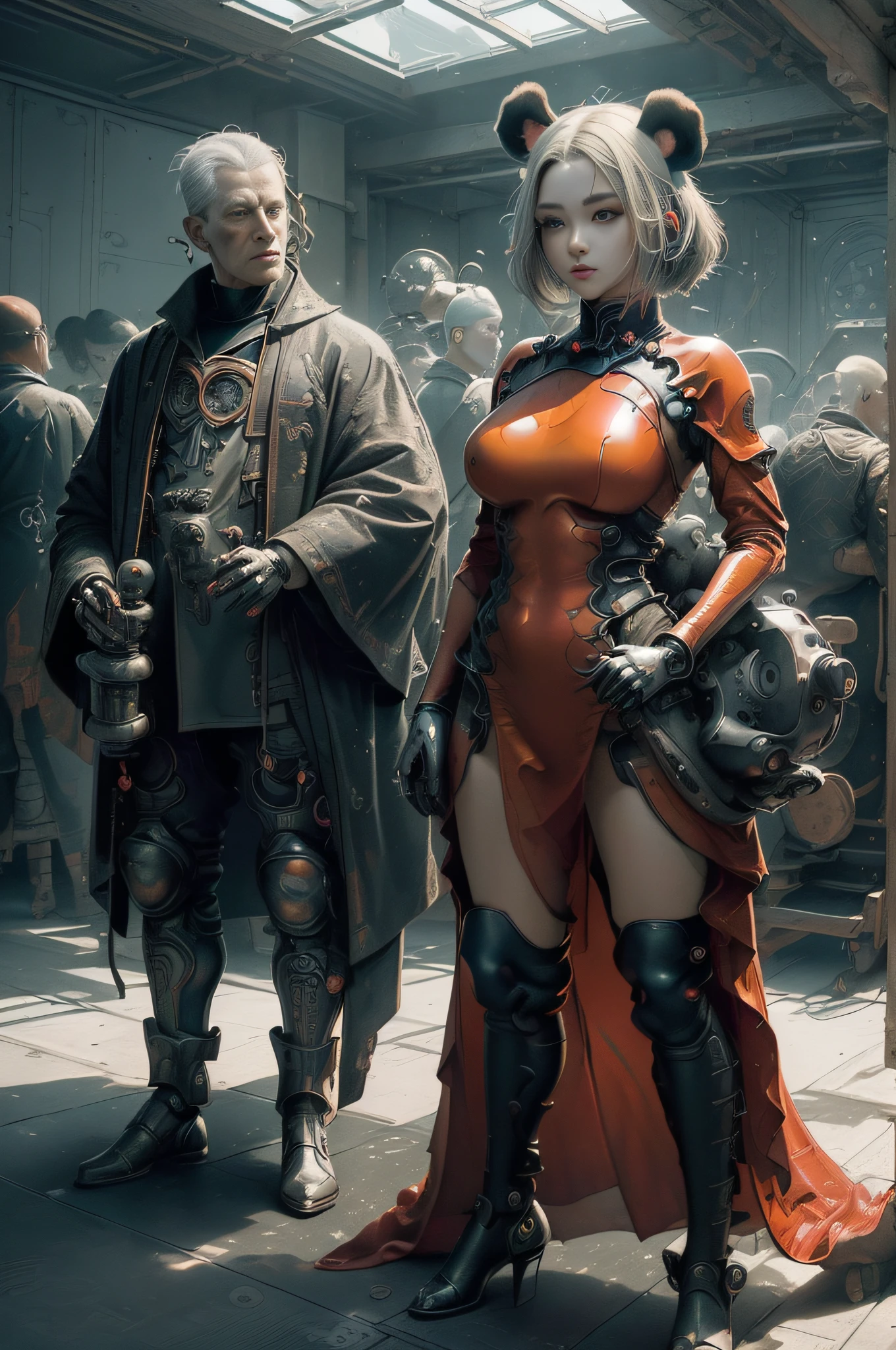 [Detailed illustrations, art based on extremely ideal anatomy, very detailed and detailed drawings, slow and delicate lines, realistic texture expression],(((Color tressed main lines)),(Artwork with outstanding craftsmanship),(Briefing Room background),[(HENTAI) ANIME 1Girl Chinese Beauty Cyborg 15 years old (short hair)] SKINNY ((功夫)) ( Machine legs (built-in engine: 0.4)),[Red tight dress] ((Panda: 0.6) (Translucent rubber inner)),((Silver coating:0.5)),(Science fiction mechanical bioengineering),(Fine and beautiful skin expression (transparency)))),((Clear line of sight)),((Perfect eye details (beautifully drawn eyes))),( Beautiful perfect face (realistic face details)),((Beautiful hair details)),(Perfectly proportioned proportions)),(Design built to a high level,((Advanced structural understanding of materials)),Ideal color coordination),((Artistic decoration)) ((Dense details)),((Detail,High definition)),[(Ultra-precision detail),(((Multilayer texture)), HighQuality,High Resolution],((Accurate simulation of light-material interaction, understanding of air flow, mechanically correct representation)),(((Visual art with a sense of narrative)).