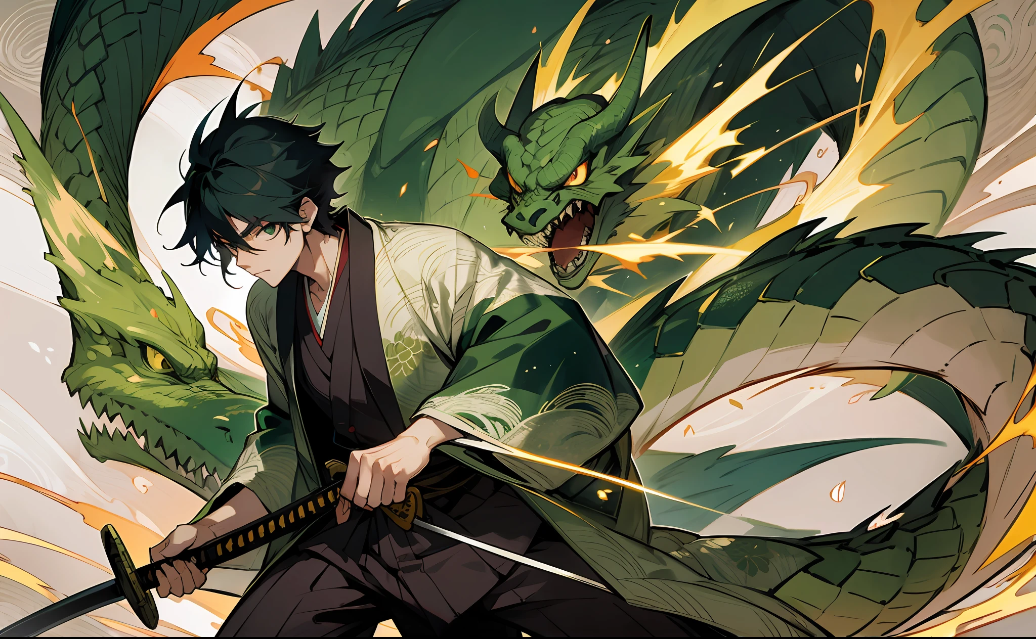 Japanese manga style, boy, Japanese gangster, kimono, holding a katana with a glare on his body, a green dragon behind him, looking sideways at the camera, unruly face