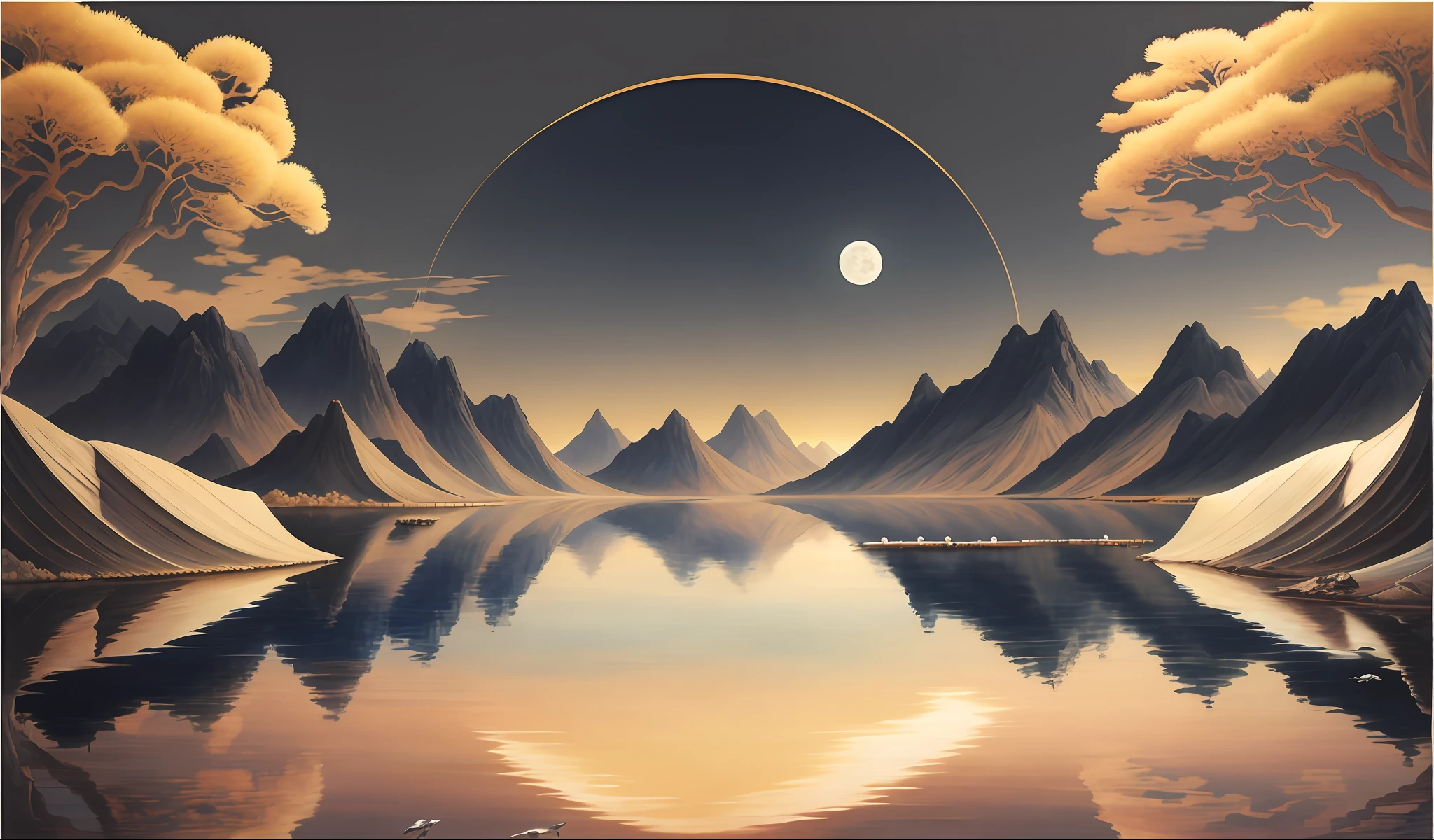 a painting of a mountain lake with a moon in the sky, 4k highly detailed digital art, scenery artwork, moon light fish eye illustrator, chinese painting style, digital landscape art, digital graffiti landscape, artwork in style of sheng lam, exquisite digital illustration, scenery art detailed, highly detailed surreal vfx, 4k detailed digital art, chinese surrealism