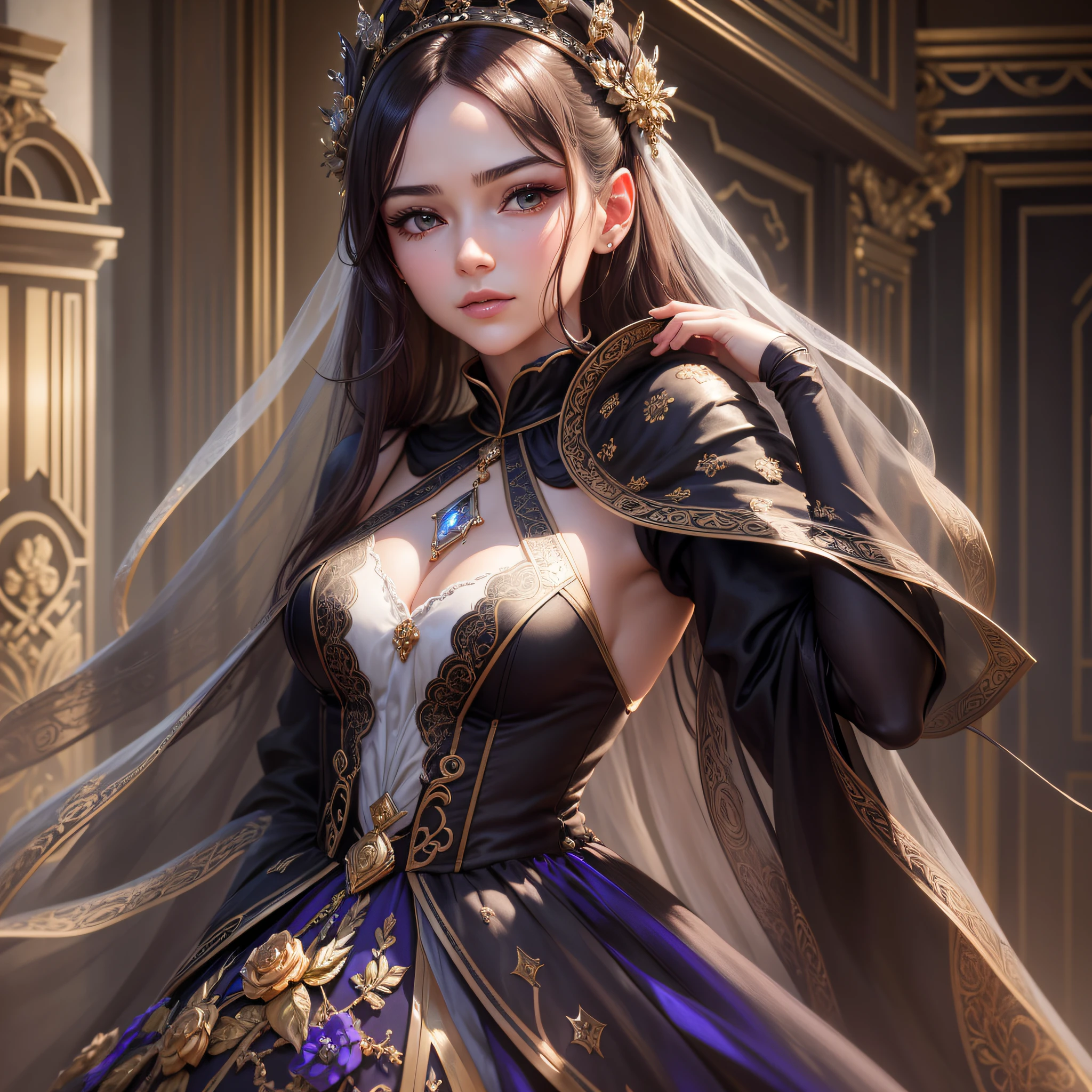 Fine, 4K, Best Light and Shadow Details, Best Character Details, Best Face Details, Best Architectural Details, Movie Quality, Fifth Personality Mobile Game, Beautiful and Beautiful Perfumer Standing in the Manor Ready to Enter, The Perfumer Wearing a Gorgeous and Solemn Long Dress, a solemn look at the Manor, close-up of the shot, --auto --s2