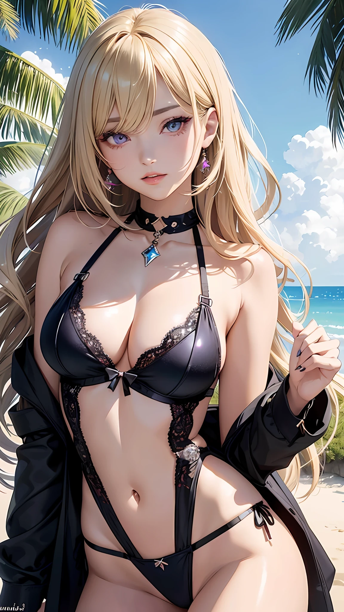 Realistic, Hyper Detail, Girls Only, Dynamic Lighting, (Glossy skin: 1.5), Masterpiece, Top Quality, Absurdity, , one side short layered bob,((Blonde:0,7) and (light purple inner color:0.3) Hair), deep Purple Clear Eyes,((Beautiful, detailed eyes, jewel-like eyes, sparkling eyes:1.3)) BREAK
a woman in a lingerie standing on a beach next to a tree, seductive anime girl, beautiful alluring anime woman, beautiful alluring anime , attractive anime girl, beautiful anime girl, realistic bikini, beautiful anime woman, anime girl, pretty anime girl, swimsuit, beautiful anime, beautiful anime artwork, | fine detail anime, anime best girl, detailed digital anime art