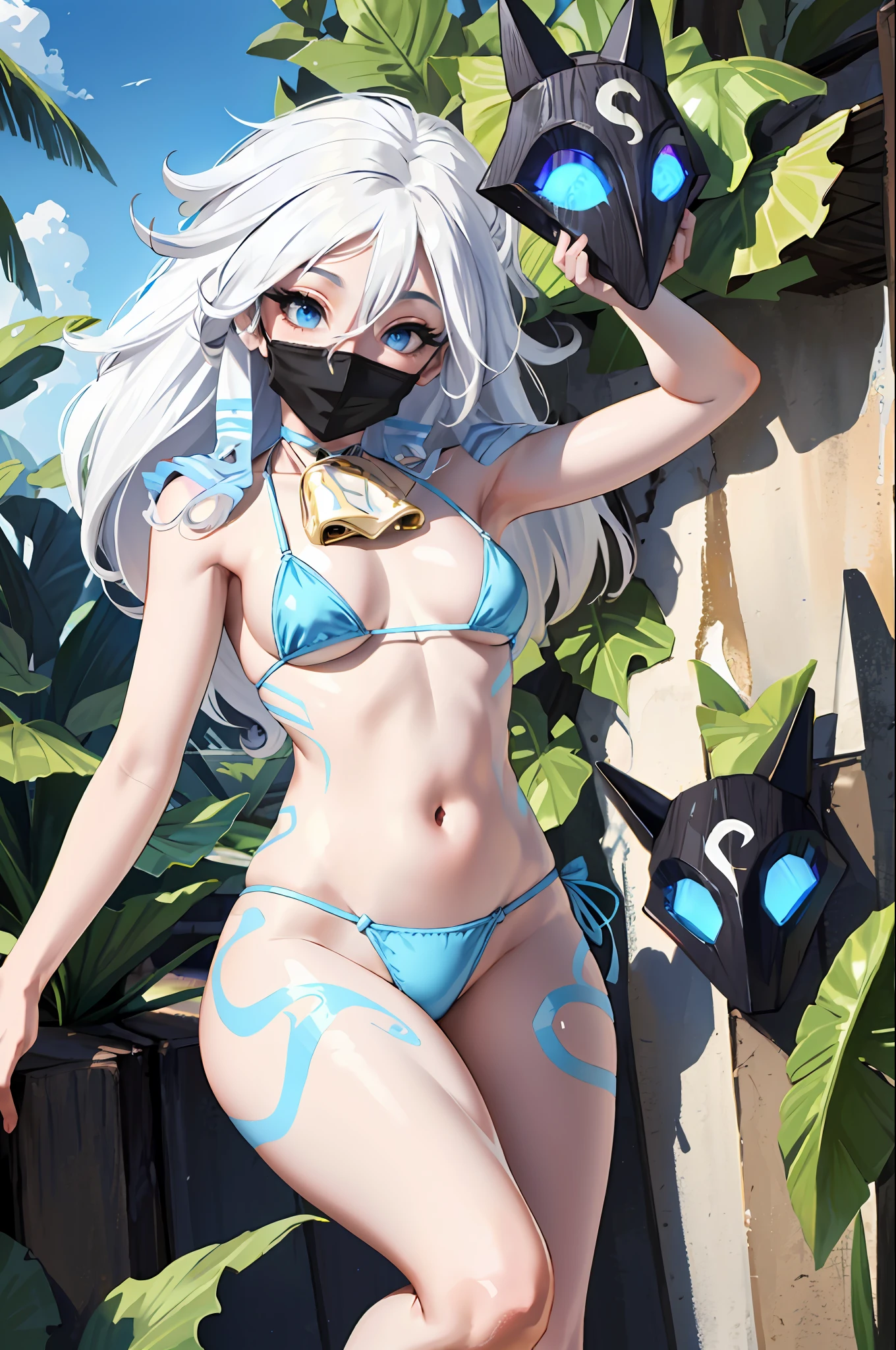 ((Cinematic light, Best quality, 8k, Masterpiece :1.3)), 1girl, Beautiful woman, (white hair, large breasts:1.3), rope panties, bra :1.2, hopefully falling, seductive open lips,1girl, standing, full body, hairy female, body hair, (white hair, white skin:1.1), chest tuft, digitigrade, white hair, long hair, black mask, (blue eyes, bright eyes:1.4),  small breasts, BREAK nature, jungle, magical forest, fantasy forest, grass, purple leaves, plants, bright flowers, rocks, day, sexy, showing off, showing armpits, ((nsfw)), ((sexual teasing)), ((((golden micro-bikini))), (((mask covering part of the face))), (( thin waist)), skinny, ((((mask full of milk))), ((mask dripping milk))), cummed mask, cum on mask, (((blue lipstick))),