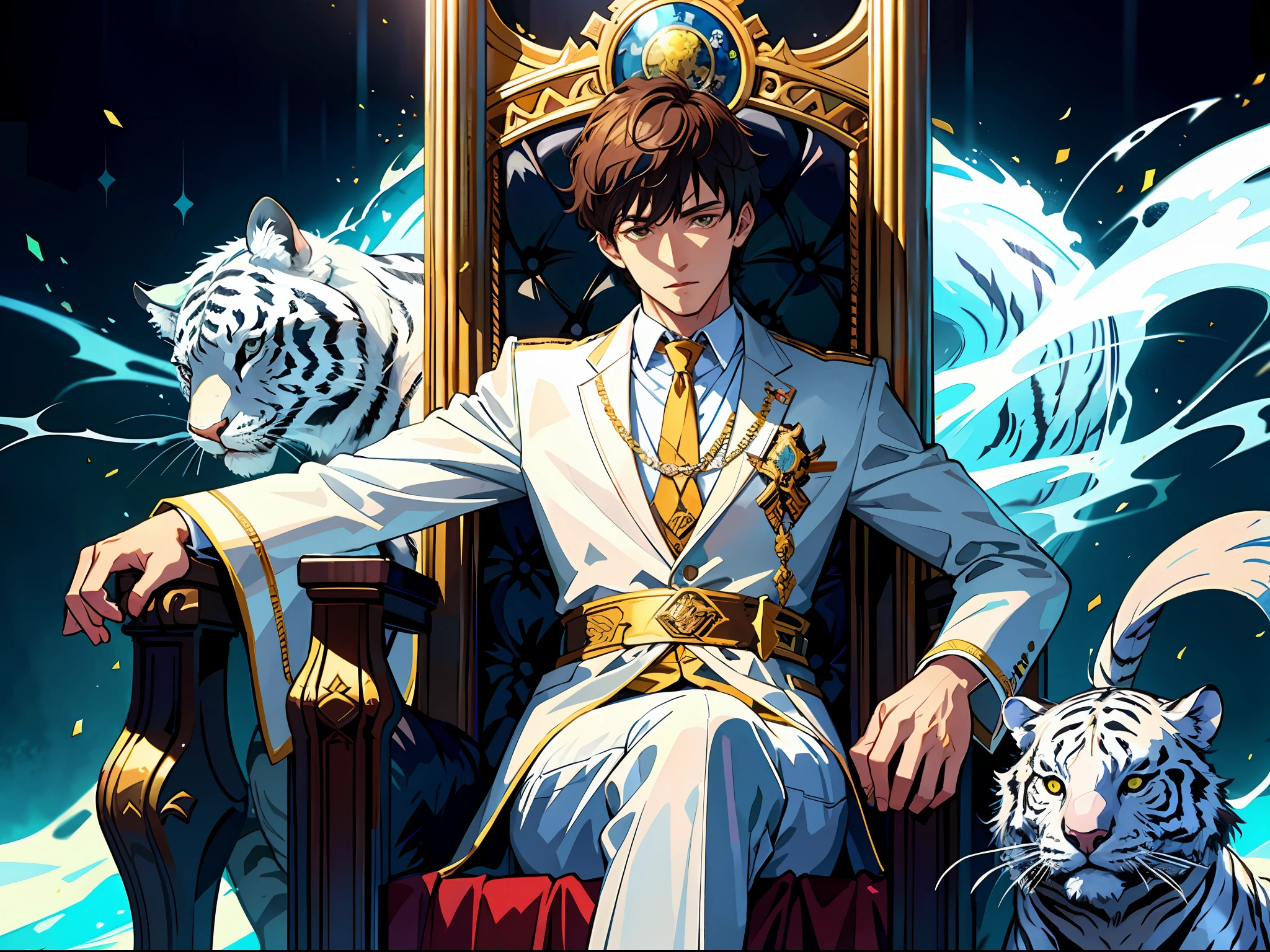 High resolution, highest quality, illustrations, super detail, a young man sitting on a throne with a powerful translucent white tiger phantom emerging behind him