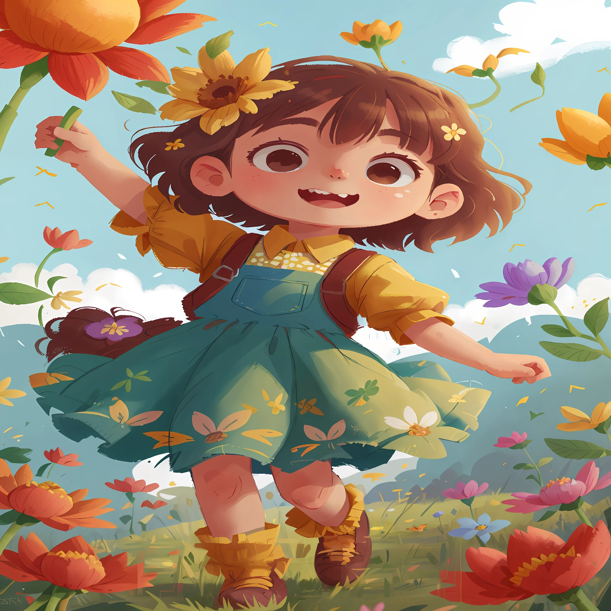 A girl holding flowers, colorful balloons floating in the sky, meadow, dancing, holding flowers, happy, happy, perfect quality, clear focus (clutter-home: 0.8), (masterpiece: 1.2) (Realistic: 1.2) (Bokeh) (Best quality) (Detailed skin: 1.3) (Intricate details) (8K) (Detail Eyes) (Sharp Focus), (Happy)