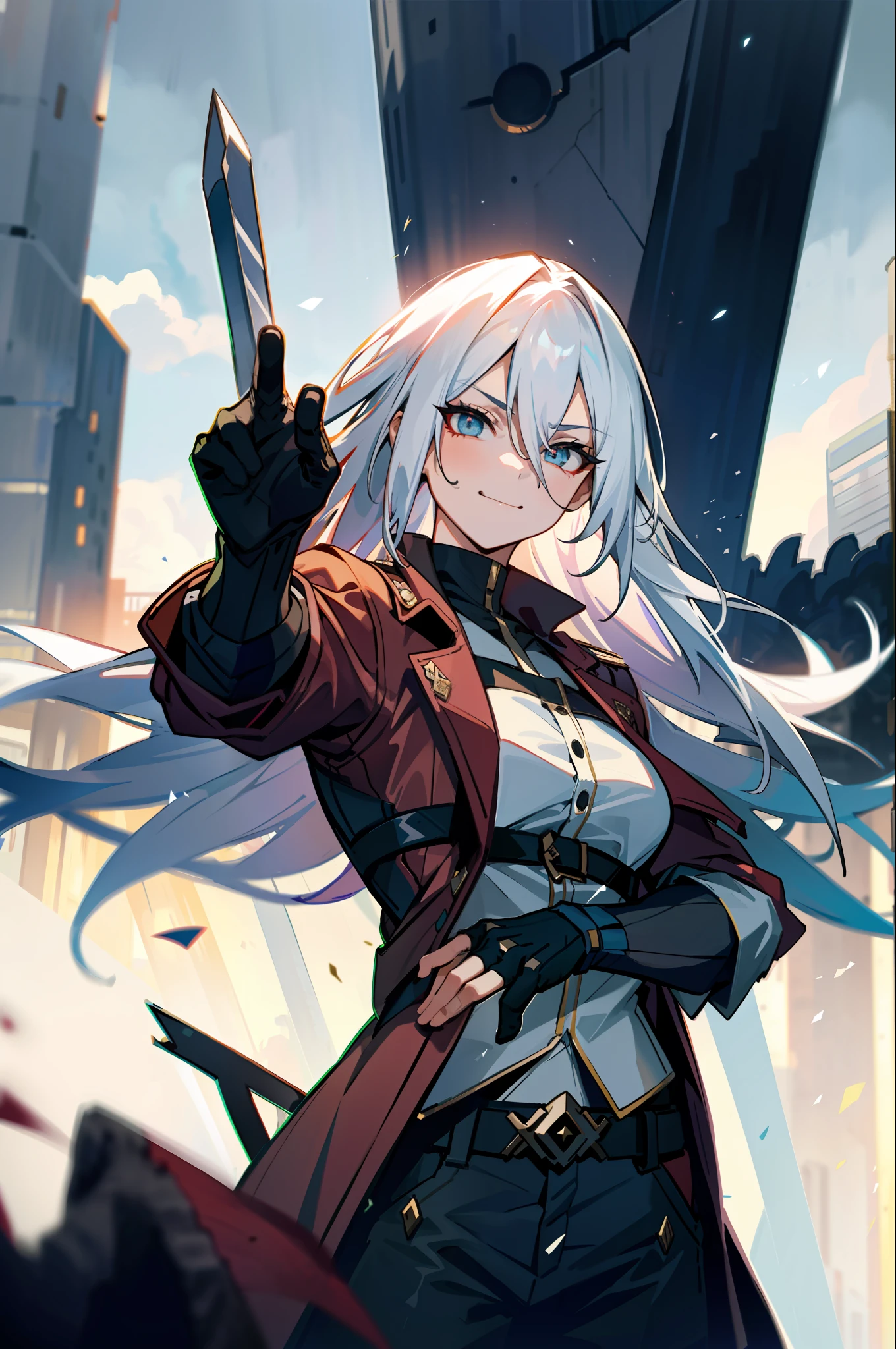 masterpiece, best quality, 1girl, dante, white hair, open clothes, coat, fingerless gloves, belt, city, detailed eyes, destroyed buildings, destruction, (night: 1.4), smiling, natural light, war, angry eyes, looking forward, female focus, muscles, film composition, field deth, bokeh (demons in background: 1.2) , (sword: 1.2), fighting pose, explosions, superior,