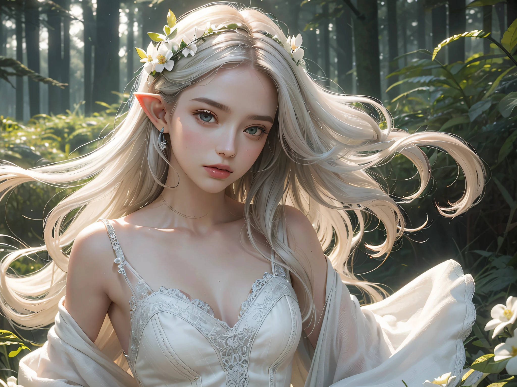 Elf, Elegant, Flowing, (White Gauze Dress: 1.4), Real Hair, Forest Moss, Flower Field, Magical Atmosphere, (Off-White Curls: 1.4), (Detailed Skin, Skin Texture: 1.4)), Ultradetailed (Intricate Detail, Fine Detailed, Hyperdetailed), Ray Tracing, Subsurface Scattering, (Fantasy Underworld on Background), Diffuse Soft Lighting, Shallow Depth of Field, Sharp Caus, (Realistic Photo Quality: 1.4) ,8K,