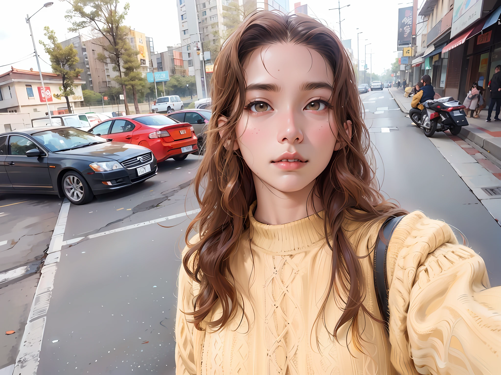 arafed woman with long brown hair and a yellow sweater, 8k selfie photograph, ulzzang, wavy hair yellow theme, young cute wan asian face, xision wu, xintong chen, gorgeous young korean woman, beautiful south korean woman, beautiful young korean woman, sha xi, selfie of a young woman, li zixin, profile pic