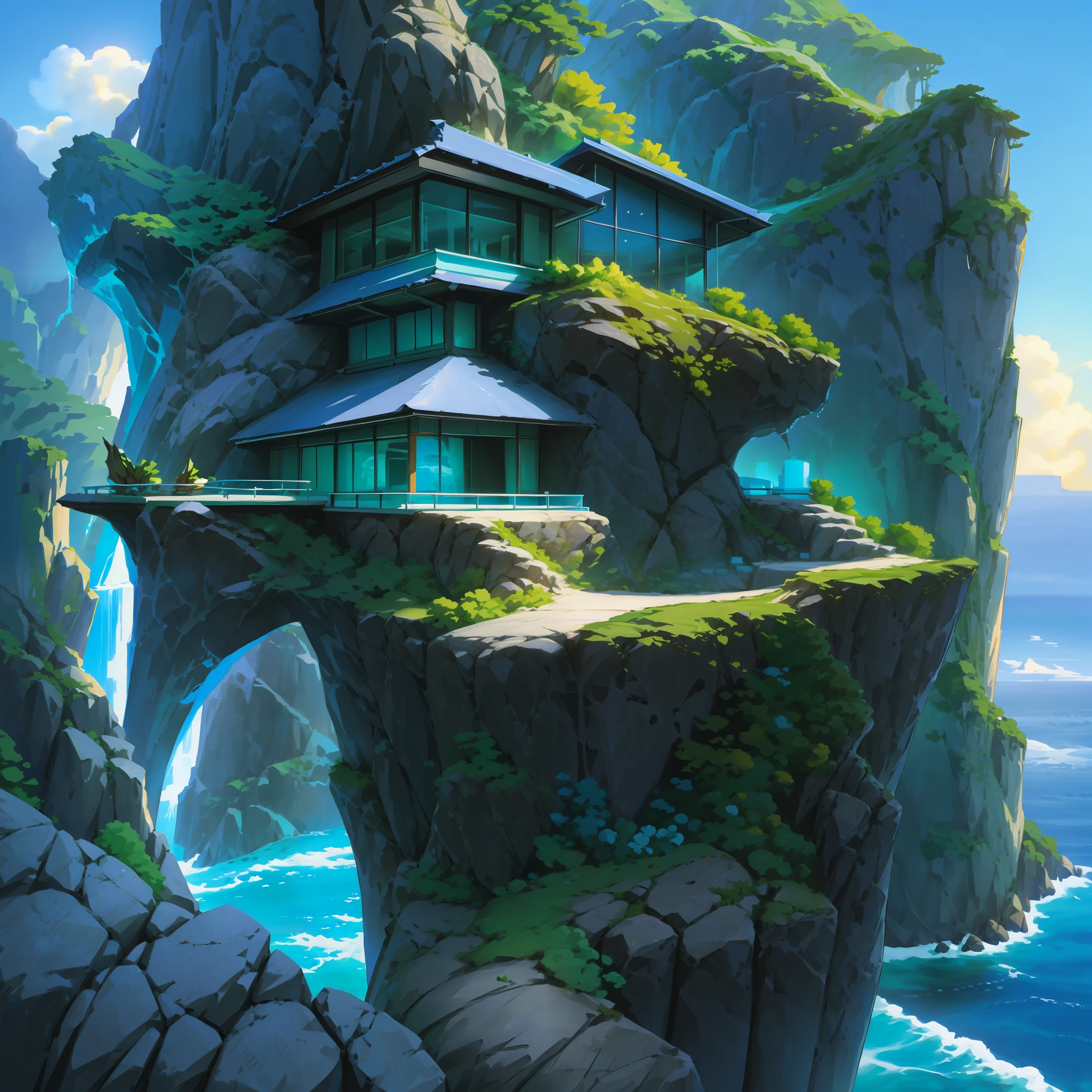 a modern futuristic design large cliff House's with a artificial waterfall and a pool in the middle, nature meets architecture, built around blue ocean, realistic beehive architecture, organic architecture, very close to real nature, breathtaking render, island with cave, stunning architecture, luxury architecture, realistic fantasy render, by Zha Shibiao, epic and stunning, architectural visualization, epic architecture, concept art. 8 k