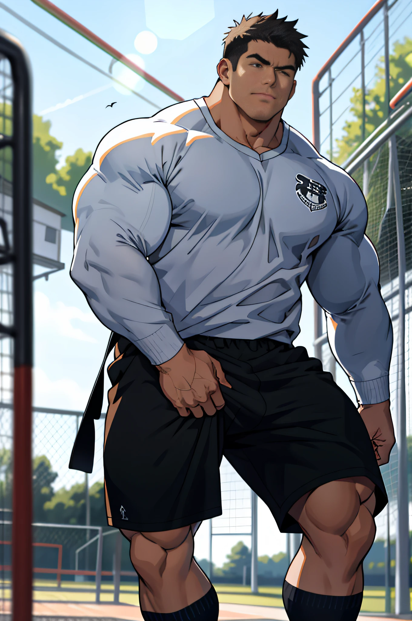 Height 195 muscle male sports student, 1s, cow-like strong, energetic, schoolyard, playground, best quality, Japanese, only black panties, white socks, bad bad, masterpiece, super high resolution, detailed background, reality, illustration, single, 1 boy, muscle man, volumetric lighting, depth of field, wheezing, raised crotch, handsome action, big dynamic
