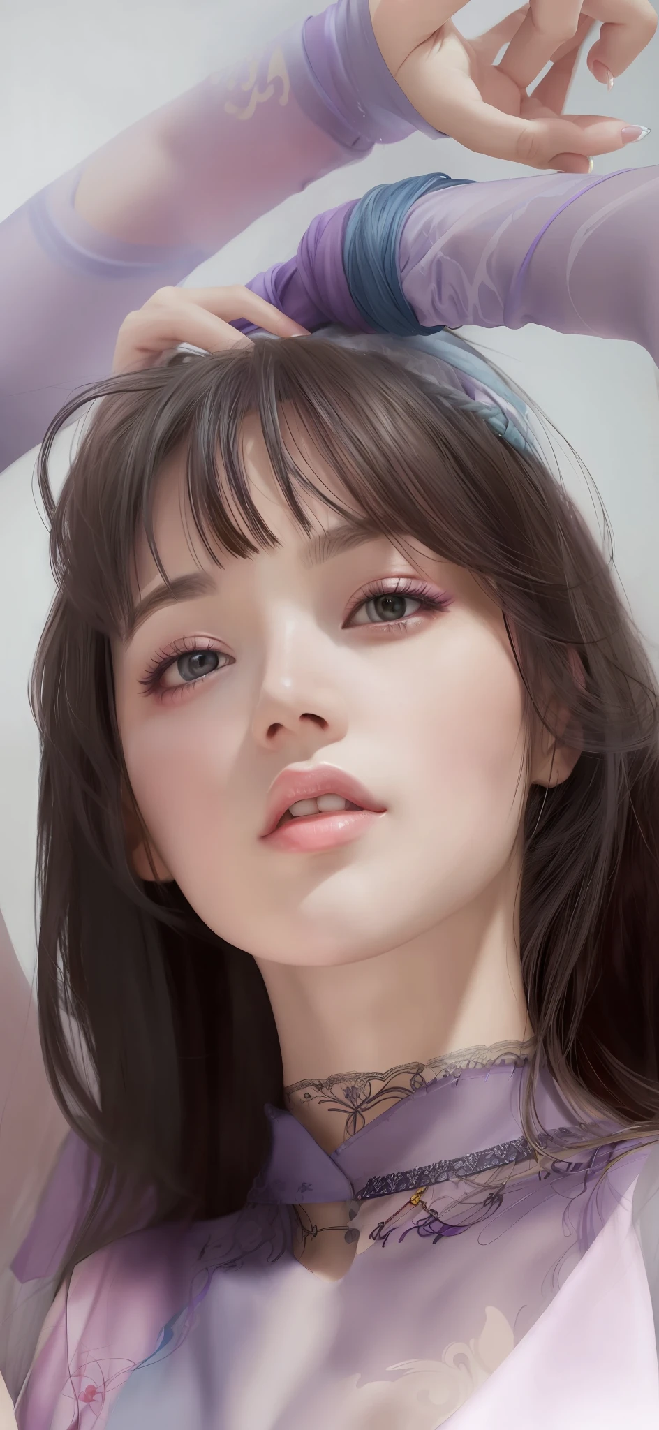 there is a woman with a purple top and a ring on her head, kawaii realistic portrait, realistic cute girl painting, 🤤 girl portrait, realistic. cheng yi, beautiful realistic face, inspired by Yanjun Cheng, artwork in the style of guweiz, stunning anime face portrait, realistic portrait, realistic art style, 8 k realistic digital art, photorealistic beautiful face
