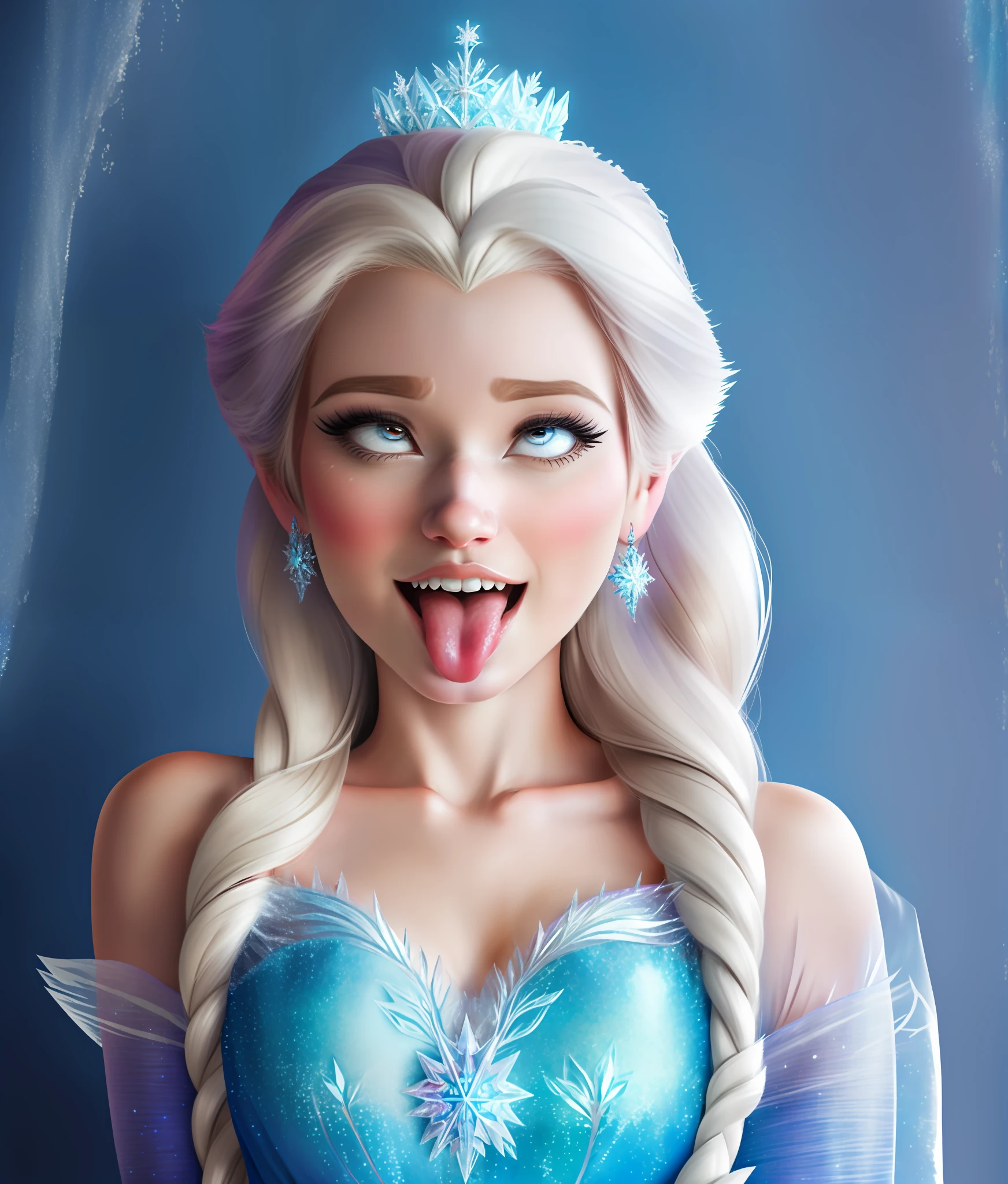 solo mid shot portrait photo of a real life version of (disney princess elsa:1.28), (25 years old:1.5), fantasy background, charming smirking, (ahegao:1.5), (tongue out:1.2), by Marc Simonetti and Phil Koch ultra realistic highly detailed intricate photorealistic analog style photograph sharp focus on eyes, cinematic lighting