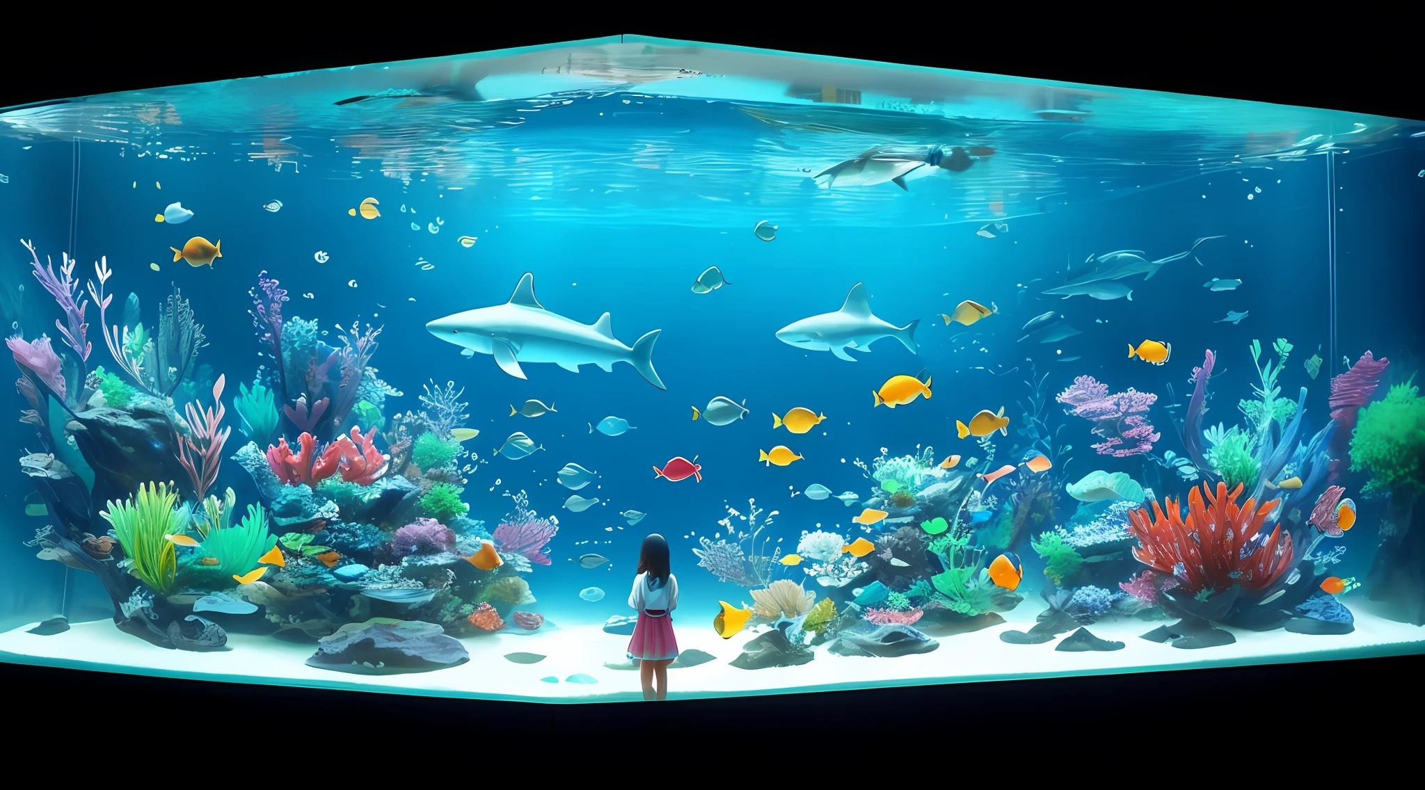 there is a girl looking at a fish tank with sharks in it, big aquarium, aquarium, childrens art in artstation, a beautiful artwork illustration, realistic anime 3 d style, aquarium life, standing under the sea, makoto shinkai cyril rolando, 3 d render beeple, by Yang J, metaverse concept art