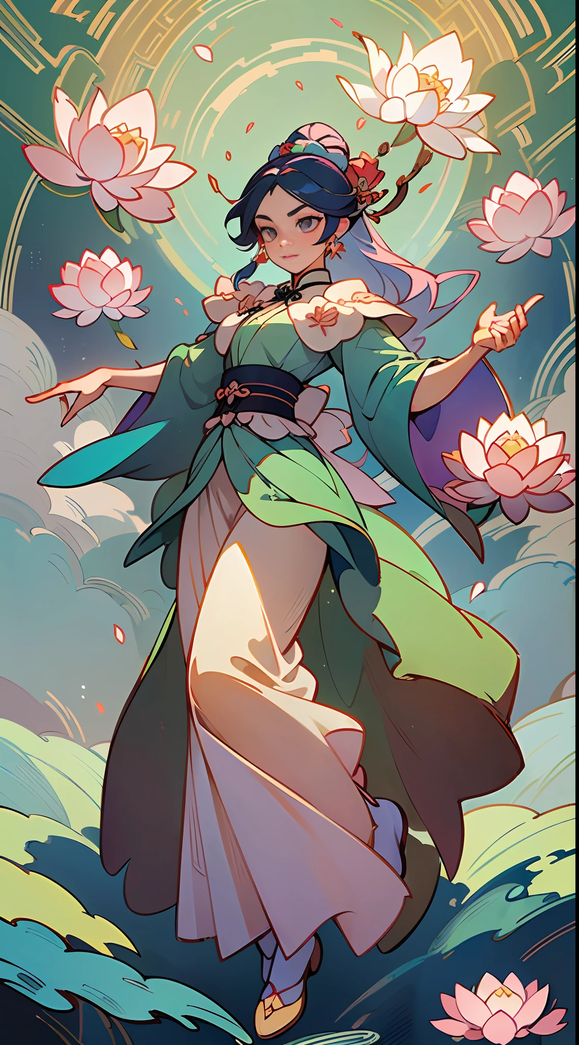 ((High-quality CG, Chinese painting style), (one female), full body picture, character standing painting, amazing features, a beautiful fairy dancing in the magnificent sky, beautiful and gorgeous posture, beautiful appearance like a flower, dressed in gorgeous clothes, such as the first bloom of snow lotus, eyes shining happily, full of light, brilliant magic array surrounding, containing oriental aesthetics, gorgeous fairy clothes, exquisite posture, long hair like a waterfall, white light flashing, dreamy clouds, C4D, OC rendering, movie edge light, fine light, masterpiece, super detail, epic composition, Ultra HD, high quality, 32K