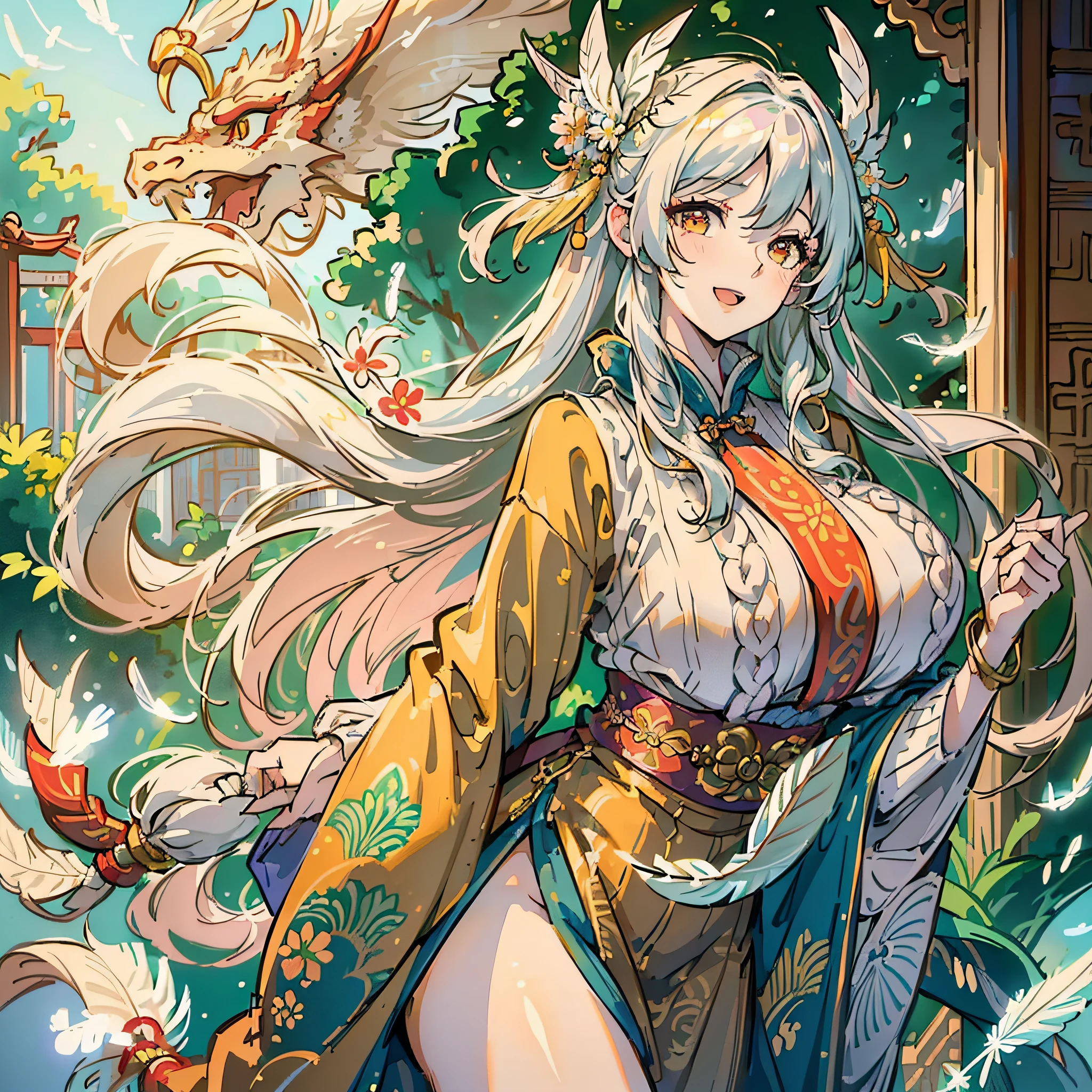 ((Masterpiece, Excellent)), 1girl, ((MILF), (Big Breasts), Long Hair, Flowing Hair, Hair Accessories, (Hanfu), ((Feather Sweater)), (Summer), (Dragon Girl), Sunlight, (Detail Light), Lighting, (Colorful), Looking at the Audience, Chinese Style Architectural Background, Features, (Blooming), (Shine) Sunny and cheerful personality, laughing with dimples --auto --s2
