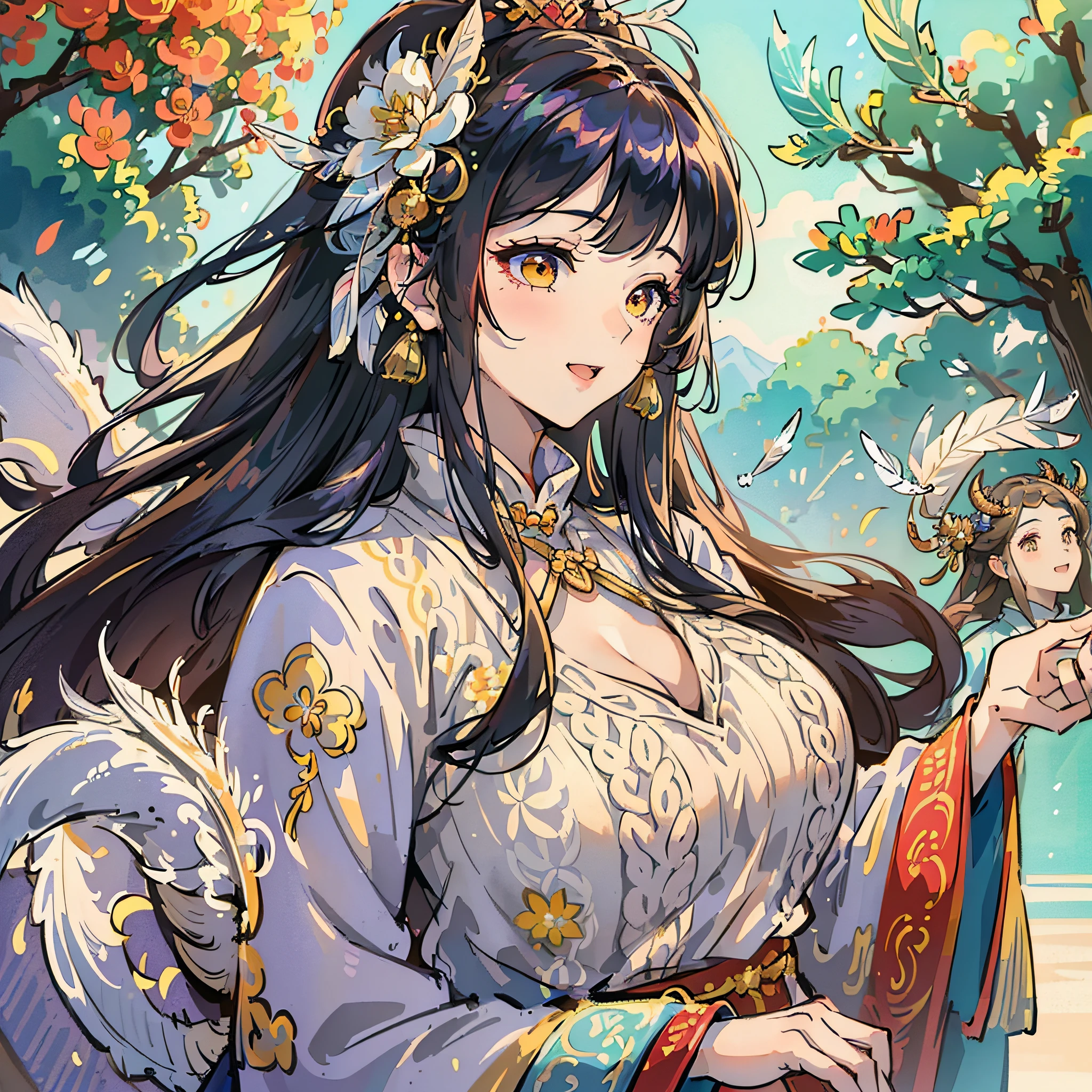 ((Masterpiece, Excellent)), 1girl, ((MILF), (Big Breasts), Long Hair, Flowing Hair, Hair Accessories, (Hanfu), ((Feather Sweater)), (Summer), (Dragon Girl), Sunlight, (Detail Light), Lighting, (Colorful), Looking at the Audience, Chinese Style Architectural Background, Features, (Blooming), (Shine) Sunny and cheerful personality, laughing with dimples --auto --s2