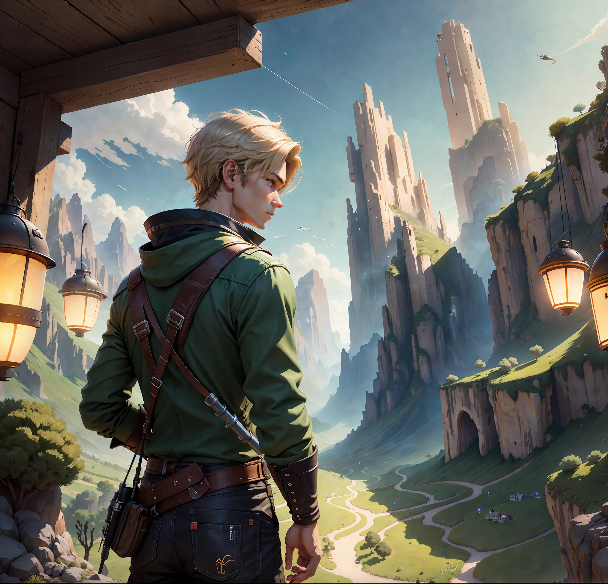 Background online game world, solo, 1 man, man from behind, light hair, short hair, wide landscape, green meadows, desert, mountains, rod in hand, glowing rod, glowing lantern, people in background, lanterns in background, monster in background, life bar above head, mmorpg, other players, game, quest, futuristic, holograms, modern