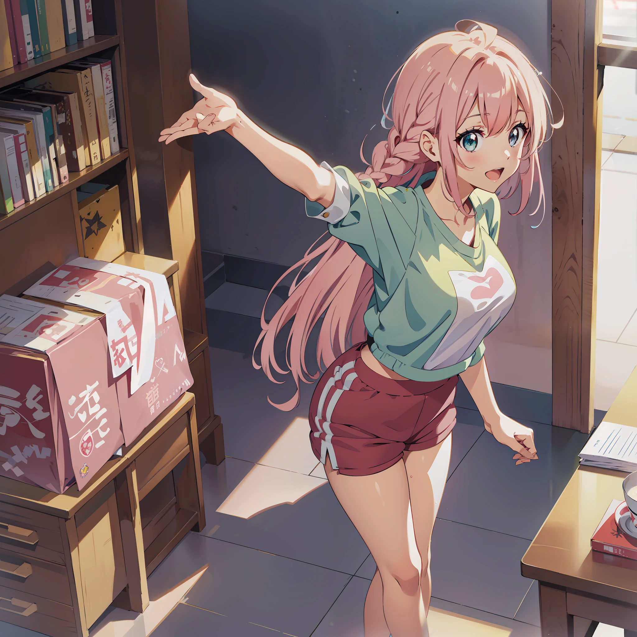 Anime illustrations in the style of "Kyoto Animation", highest quality, (cute: 1.1), (cute), (high resolution: 1.2), incredibly ridiculous: 1.3, incredibly fine illustrations, break 1 beautiful girl, Solo, (heterochromia, light blue eyes and light green eyes), silhouette of star eyes, solo, standing figure, happy, :d, princess eyes, big breasts, break, braid, light pink hair, semi-long hair, red ribbon at the end of braid, break, big hall, doing gymnastics, wet t-shirt, black sneakers, red shorts, sweat