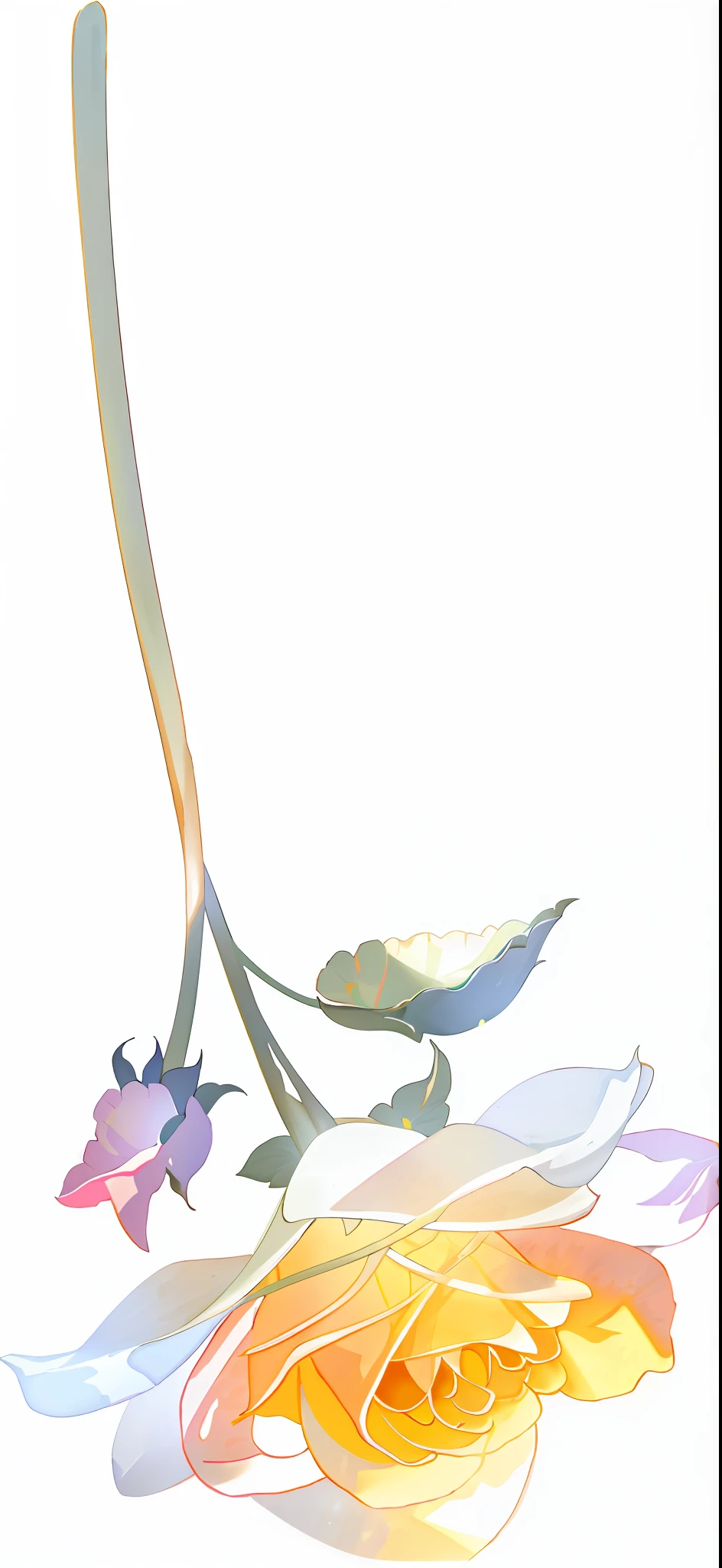 Ray tracing, rays shining from top to bottom, long stem, flowers and stems, right side composition, photo of roses, stems, digital painting, ray traced images, translucent rose gorgeous, mandala, long petals, digital artwork, fully rendered light to shadow, rendering, Anna Fossley, elegant composition, glowing delicate flowers