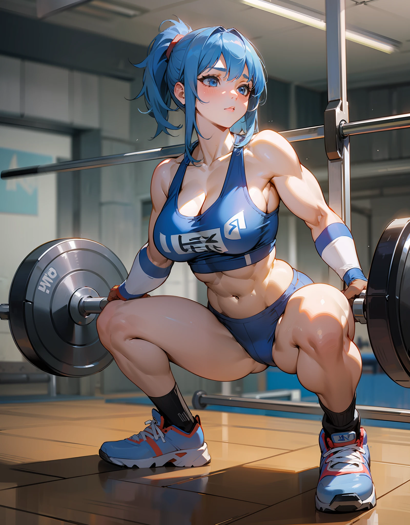 masterpiece, best quality, realistic, ultra detailed, sfw, 1girl, Blue-haired powerlifter in a gym, trained with heavy weights,