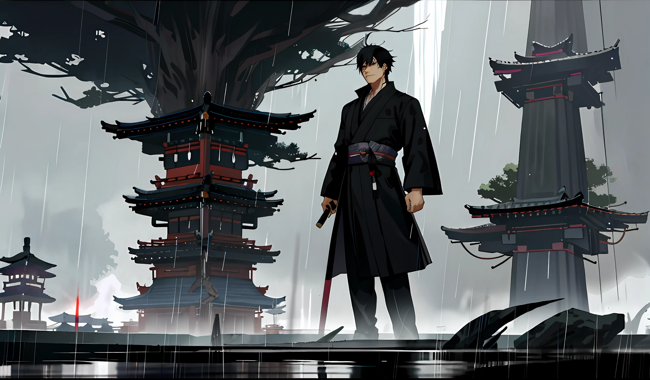 Samurai,black hair,male,dmc,scenery lightning and rain tower.