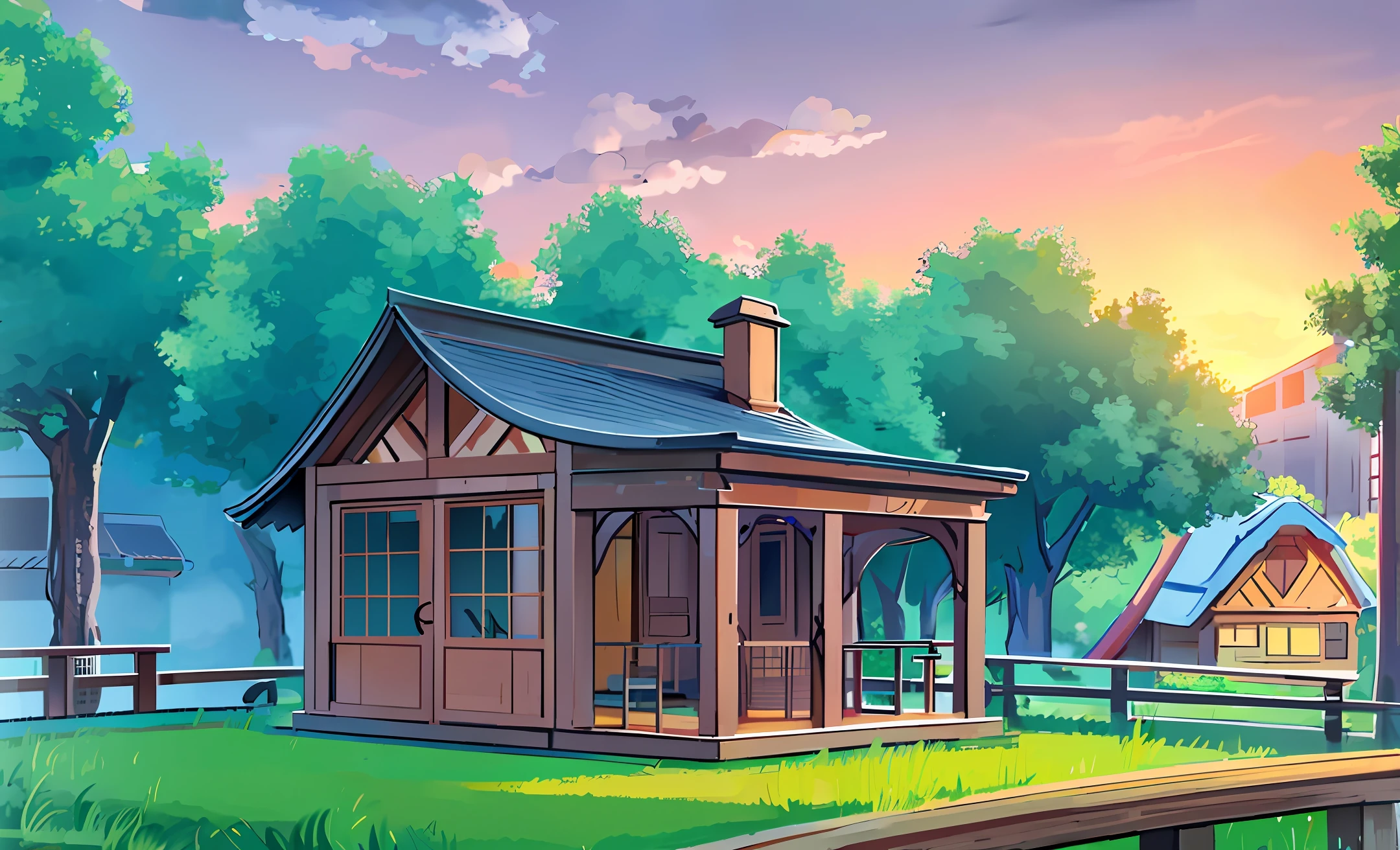 Wooden house in the middle of a landscape of pine trees (anime style), (sunset) birds flying among the clouds, balcony, (20MP), 4K forest, green grass, detailed illustration, artistic painting