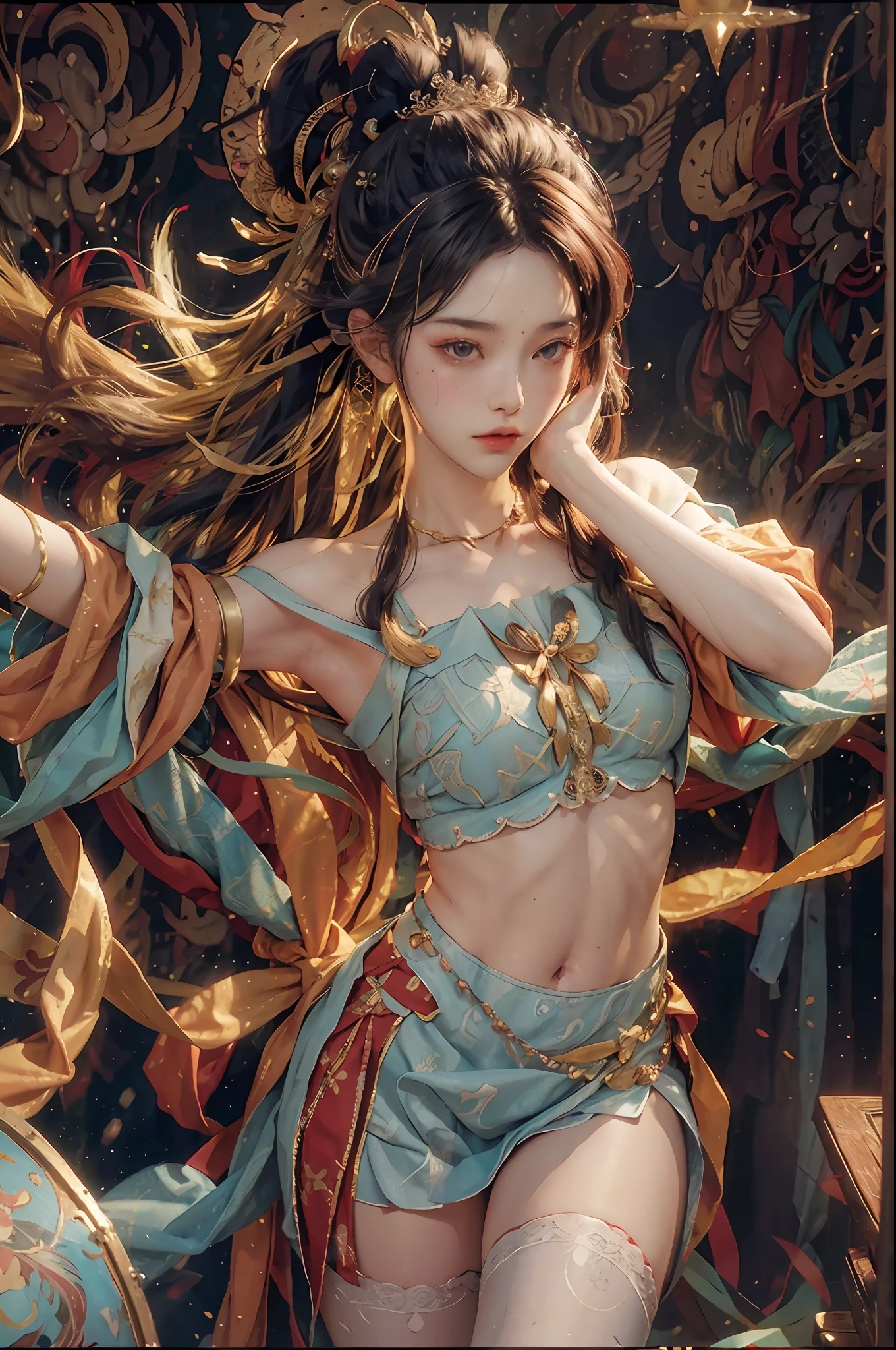 (RAW Photo, Best Quality), (Realistic, Photorealistic Real: 1.3), Best Quality, Highly Detailed, Masterpiece, Ultra Detailed, Illustration, 1 Girl, upper_body, Dynamic Angle, World Mastery Theater, messy_long_hair, Best Quality, Extremely Detailed CG Uniform 8k Wallpaper, Ink, Amazing, Cinematic Lighting, lens_flare, dunhuang_style, Sexy, Crop Top, Delicate Collarbone, Patterned Stockings, Body
