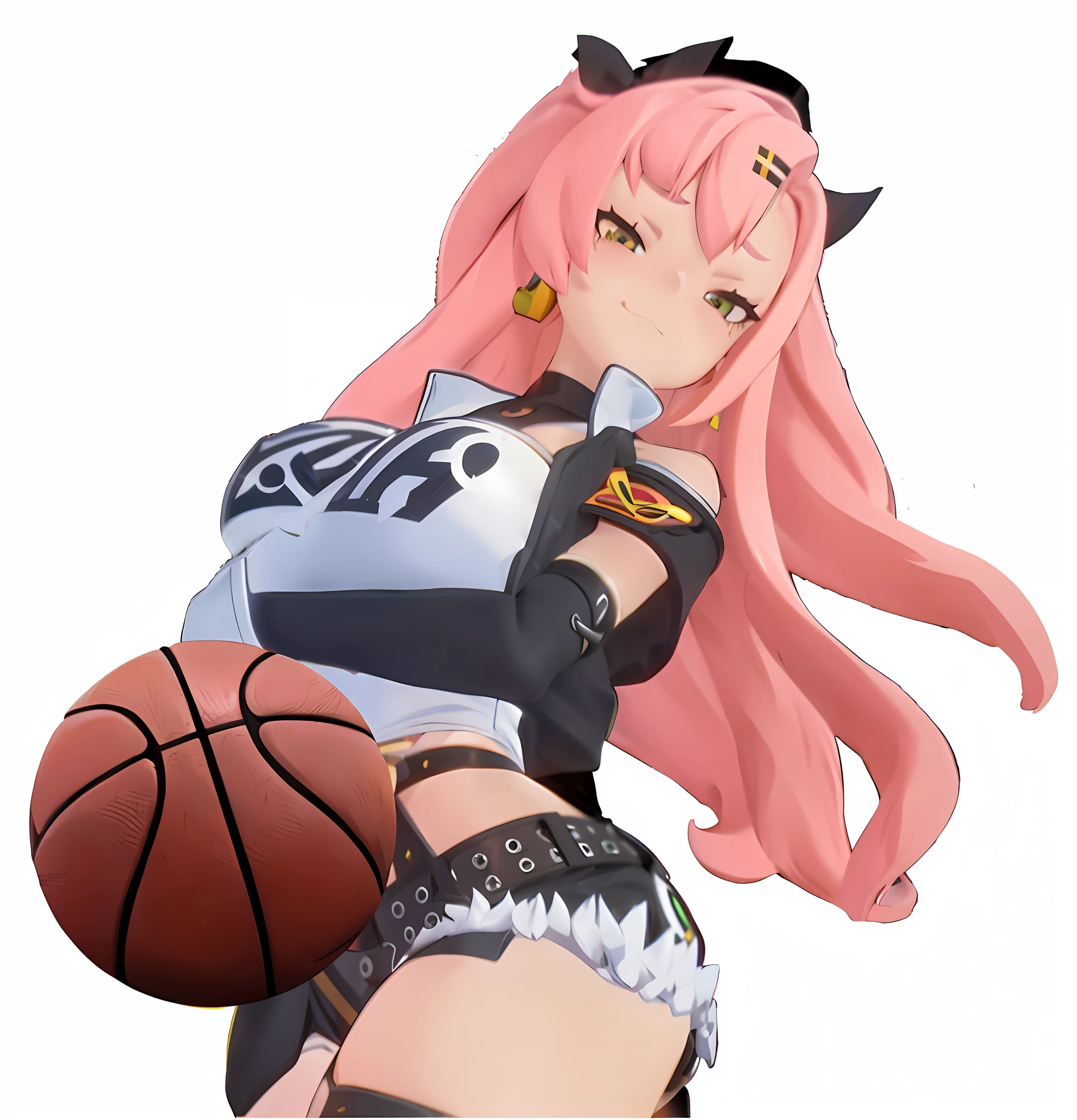 Anime girl with pink hair and black gloves holding a basketball, April rendering, Ayaka Genshin Impact, Ayaka game Genshin Impact, Haruno Sakura, Marin Kitagawa fanart, Pudica pose, Hanayada, holding pudica pose, cute 3d anime girl rendering, Haruma Yayoi, anime character, clear
