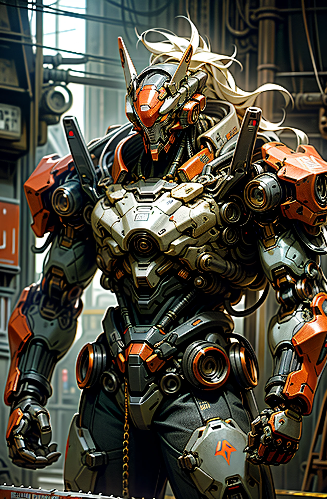 Dark_Fantasy,Cyberpunk,(chain saw,chain saw man,Red:1.1),1man,Mechanical marvel,Robotic presence,Cybernetic guardian, wearing a worn-out mech suit, intricate, (steel metal [rusty]), elegant, clear focus, shot by greg rutkowski, soft lighting, vibrant colors, masterpiece, ((street)), cowboy shot, dynamic pose,