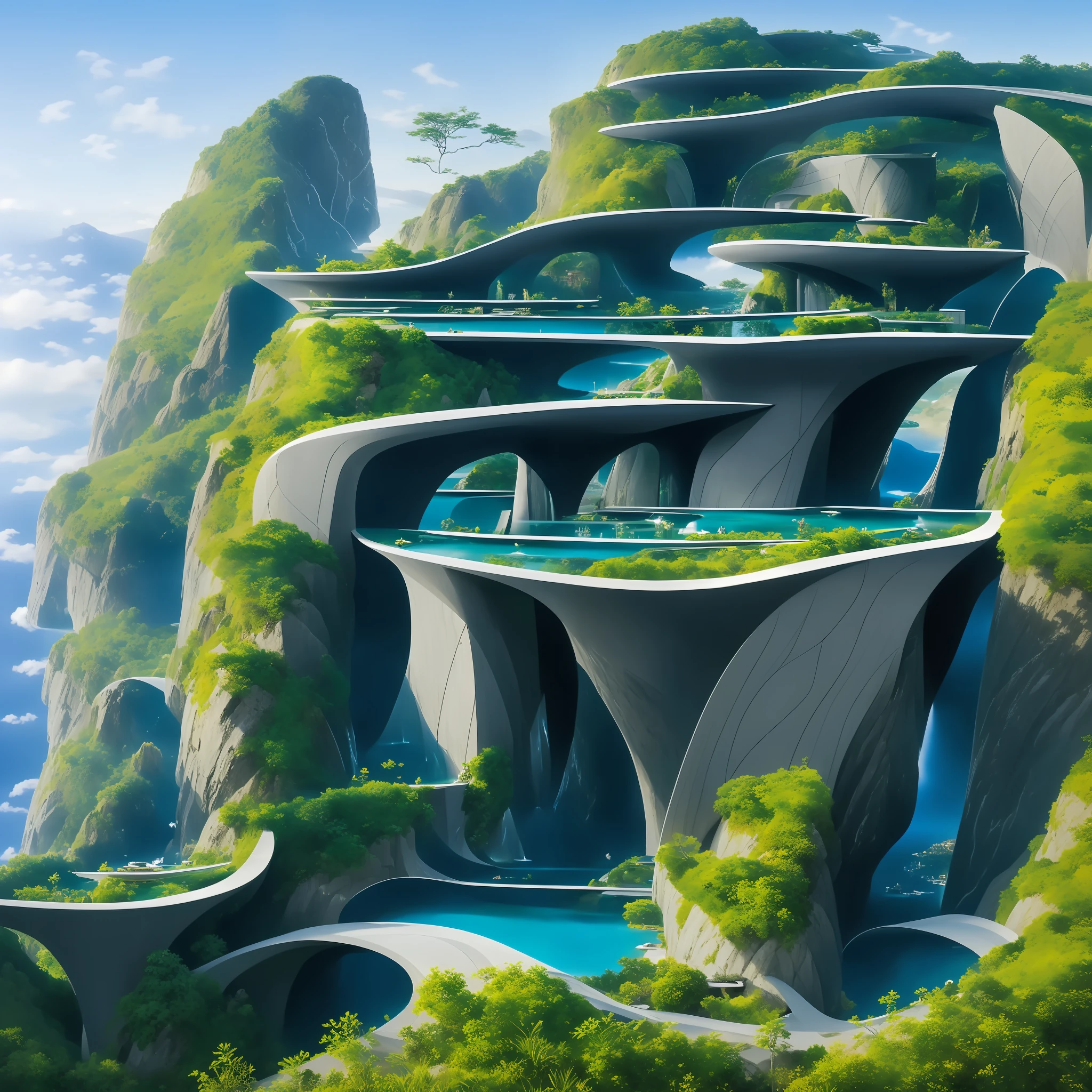 a modern futuristic design large cliff House's with a artificial waterfall and a pool in the middle, nature meets architecture, built around blue ocean, realistic beehive architecture, organic architecture, very close to real nature, breathtaking render, island with cave, stunning architecture, luxury architecture, realistic fantasy render, by Zha Shibiao, epic and stunning, architectural visualization, epic architecture, concept art. 8 k