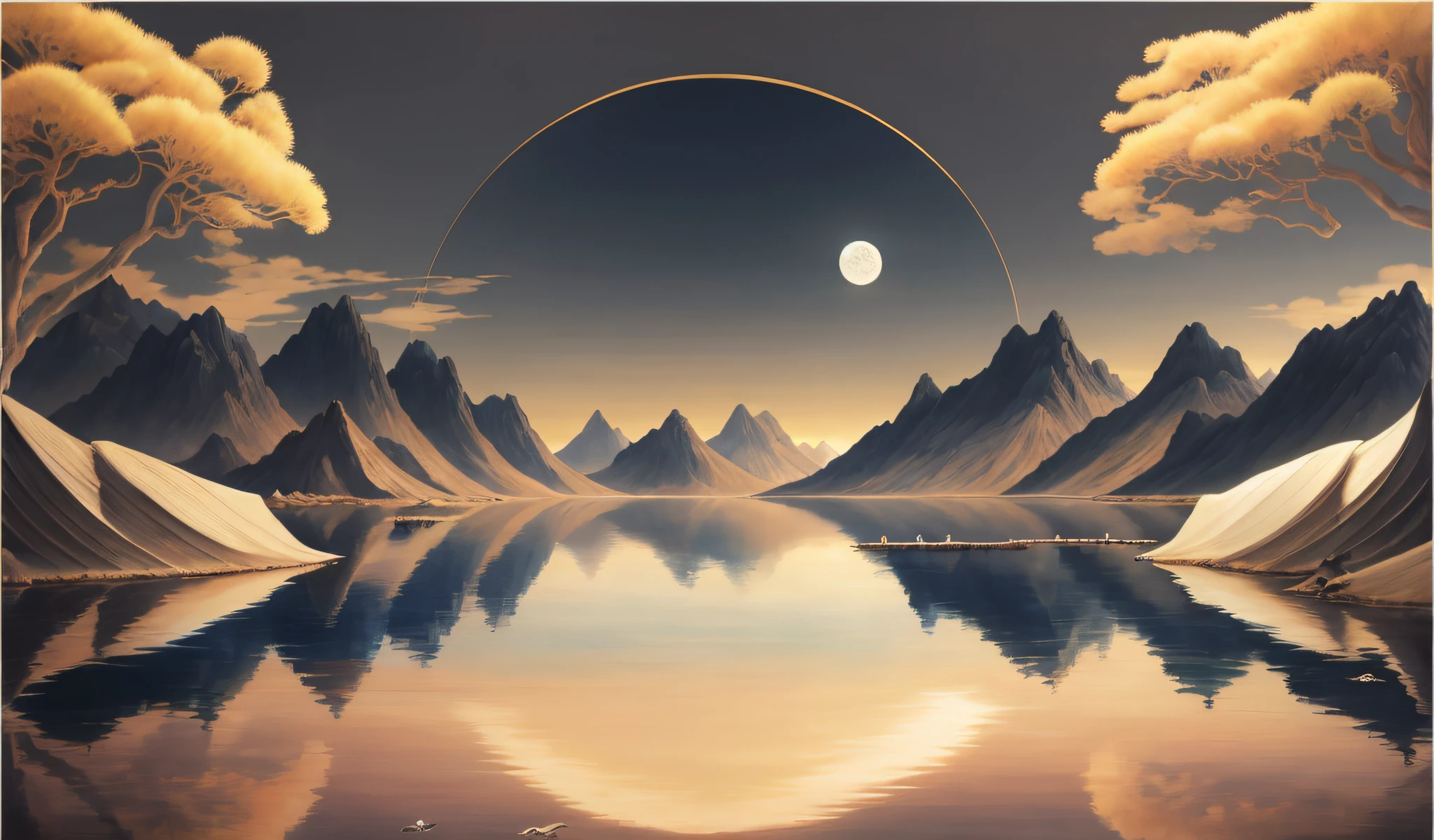 painting of a mountain lake with a moon in the sky, symmetrical fantasy landscape, 4k highly detailed digital art, beautiful art uhd 4 k, symmetric matte painting, epic surrealism 8k oil painting, mystical setting, scenery artwork, detailed scenery —width 672, surreal dream landscape, futuristic landscape, surreal landscape, a surreal dream landscape, dream scenery art