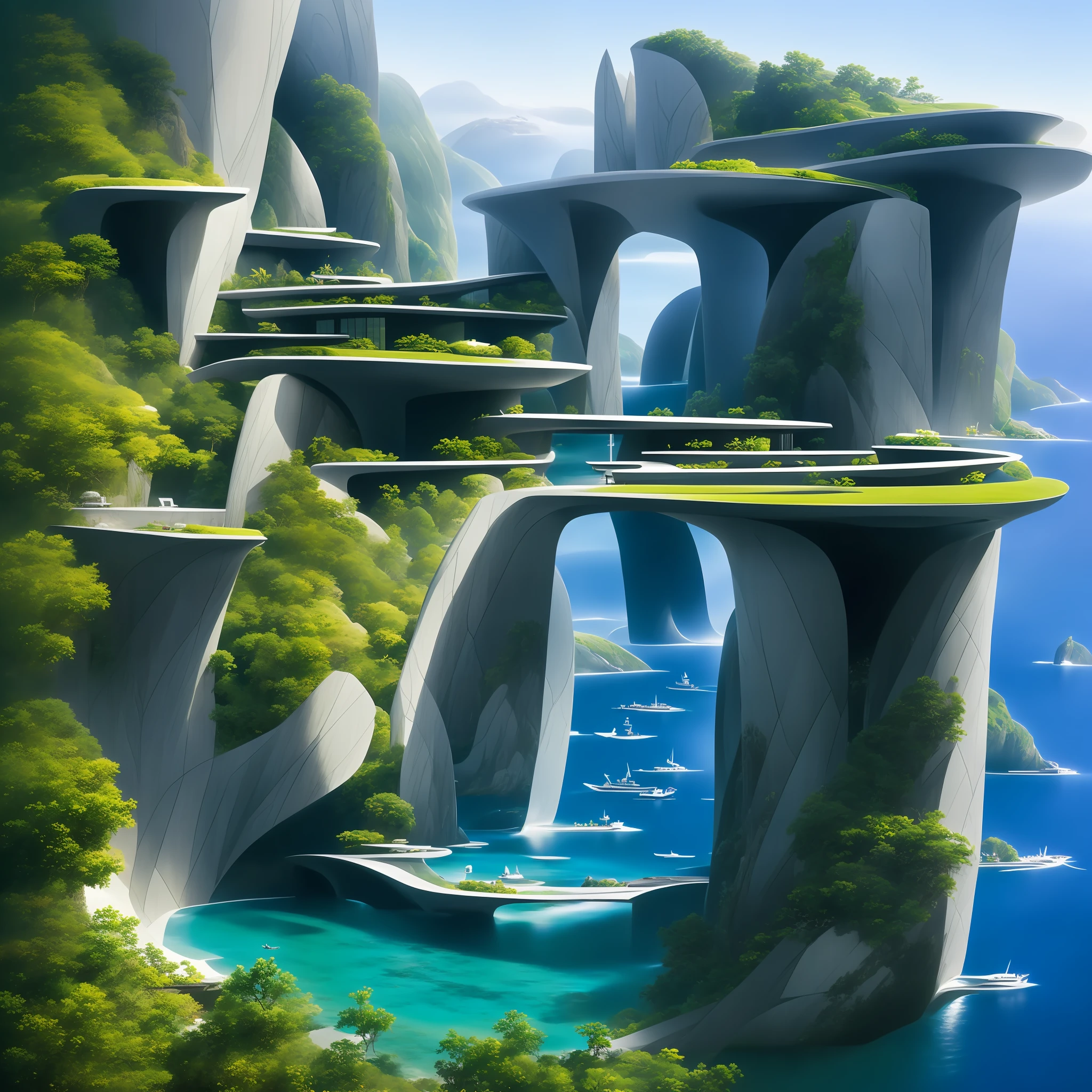 a modern futuristic design large cliff House's with a artificial waterfall and a pool in the middle, nature meets architecture, built around blue ocean, realistic beehive architecture, organic architecture, very close to real nature, breathtaking render, island with cave, stunning architecture, luxury architecture, realistic fantasy render, by Zha Shibiao, epic and stunning, architectural visualization, epic architecture, concept art. 8 k
