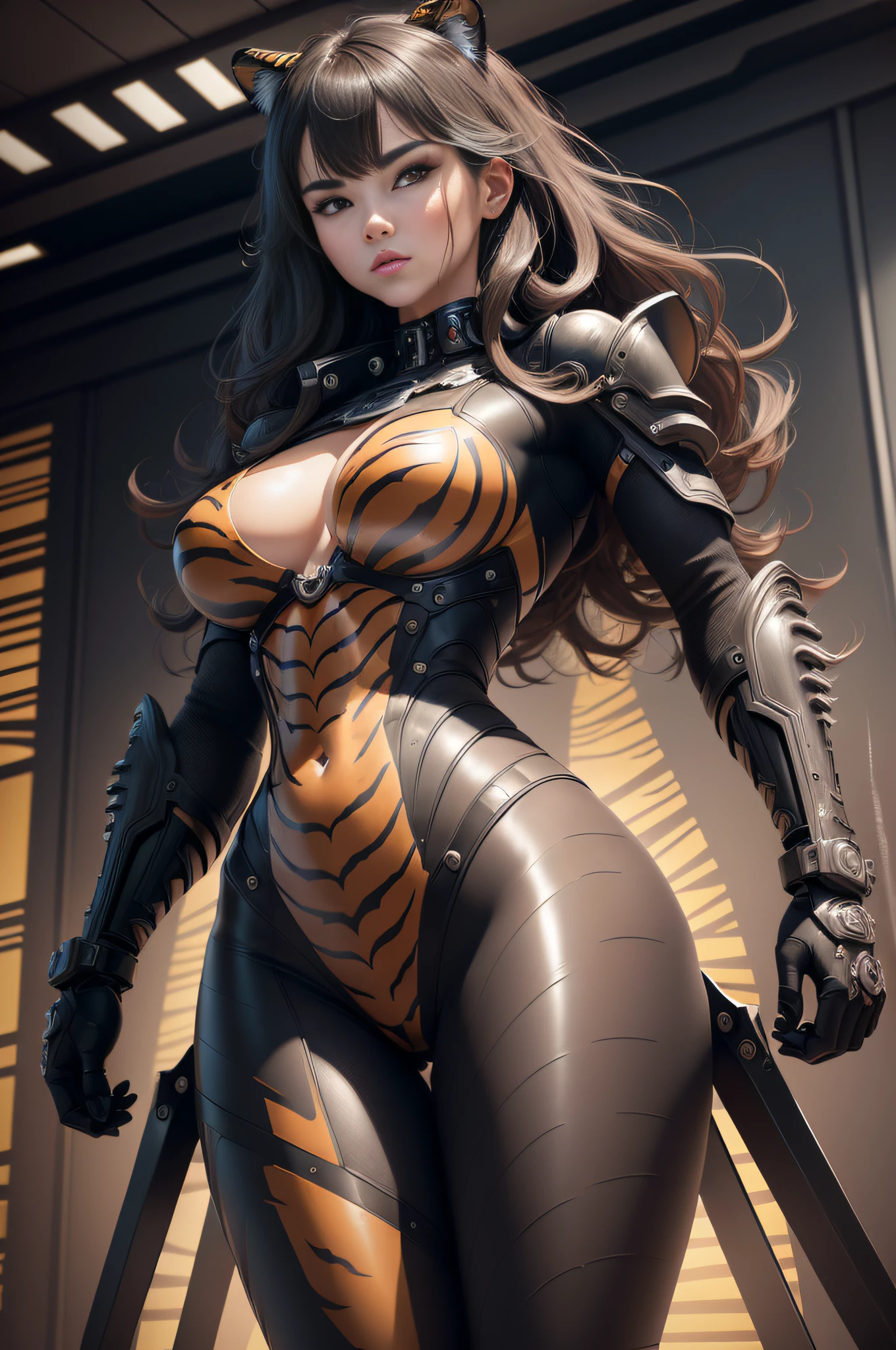 [Detailed illustrations, art based on extremely ideal anatomy, very detailed and detailed drawings, slow and delicate lines, realistic texture expression],((Color tressed main lines)),(Artwork with outstanding virtuosity),(Briefing room background),[(HENTAI) ANIME Girl Japanese Beauty Cyborg  (Wild hair)] Muscular (( KARATE)) (Mechanical arms (with built-in engine: 0.4)),[Black leather jacket] ((Tiger: 0.6) (Translucent rubber inner)) (((Tiger stripes),(Chrome coating:0.5))),(Science Fiction Mechanical Bioengineering),((Fine and beautiful skin expression (transparency)))),((Clear gaze)),(Perfect eye details ( Beautifully drawn eyes))),(Beautiful perfect face (realistic face details)),((Beautiful hair details)),(Perfectly proportioned proportions)),(Design built to a high level,((Advanced structural understanding of materials)),Ideal color coordination),((Artistic decoration)) ((Dense details)),((Detail,High definition)),[( Ultra-precise detail),((Multi-layered texture)),HighQuality,High Resolution],((Accurate simulation of light-material interactions, understanding of air flow, mechanically correct representation)),(((Visual art with a sense of narrative)).