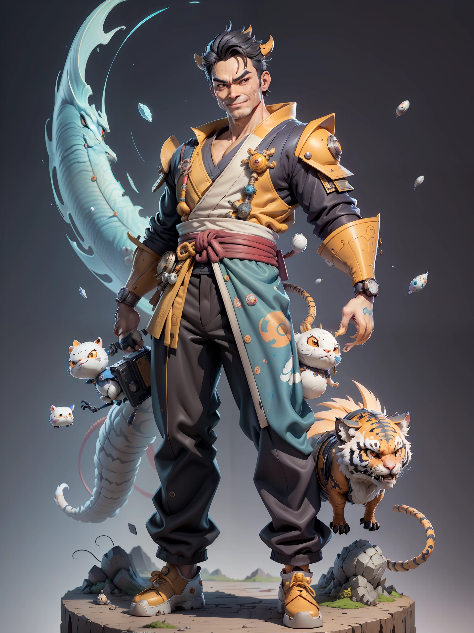 (Masterpiece), (Excellent), (Super Meticulous), (Full Body: 1.2), Super Young Man with Japanese Female Geisha, Beauty, Chinese Dragon, Tiger, Wind God Thor, Sexy, Bursting, Oriental Face, TV Anchor, Bust Portrait Illustration, Black Suit, Blue Tie, Slightly Chubby, Very Clean Face, No Beard, Black Super Short Hair, Black Eyes, Confident Smile, 3c Computer Sub-Products, iPad, iPhone, Digital Painting, 3D Character Design by Mark Claireden and Pixar and Hayao Miyazaki and Akira Toriyama, The illustration is a high-definition illustration in 4K resolution with very detailed facial features and cartoon-style visuals.