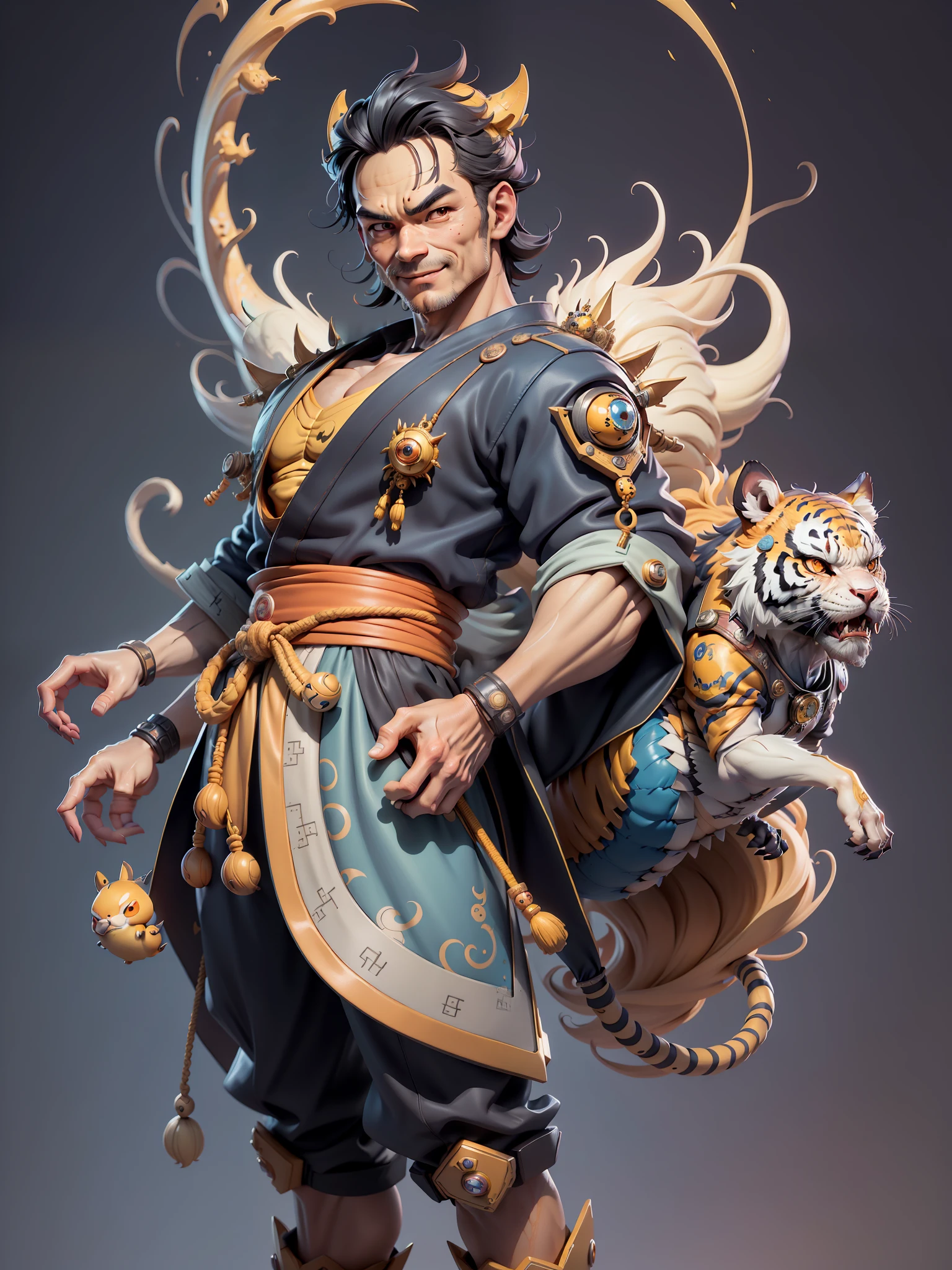 (Masterpiece), (Excellent), (Super Meticulous), (Full Body: 1.2), Super Young Man with Japanese Female Geisha, Beauty, Chinese Dragon, Tiger, Wind God Thor, Sexy, Bursting, Oriental Face, TV Anchor, Bust Portrait Illustration, Black Suit, Blue Tie, Slightly Chubby, Very Clean Face, No Beard, Black Super Short Hair, Black Eyes, Confident Smile, 3c Computer Sub-Products, iPad, iPhone, Digital Painting, 3D Character Design by Mark Claireden and Pixar and Hayao Miyazaki and Akira Toriyama, The illustration is a high-definition illustration in 4K resolution with very detailed facial features and cartoon-style visuals.