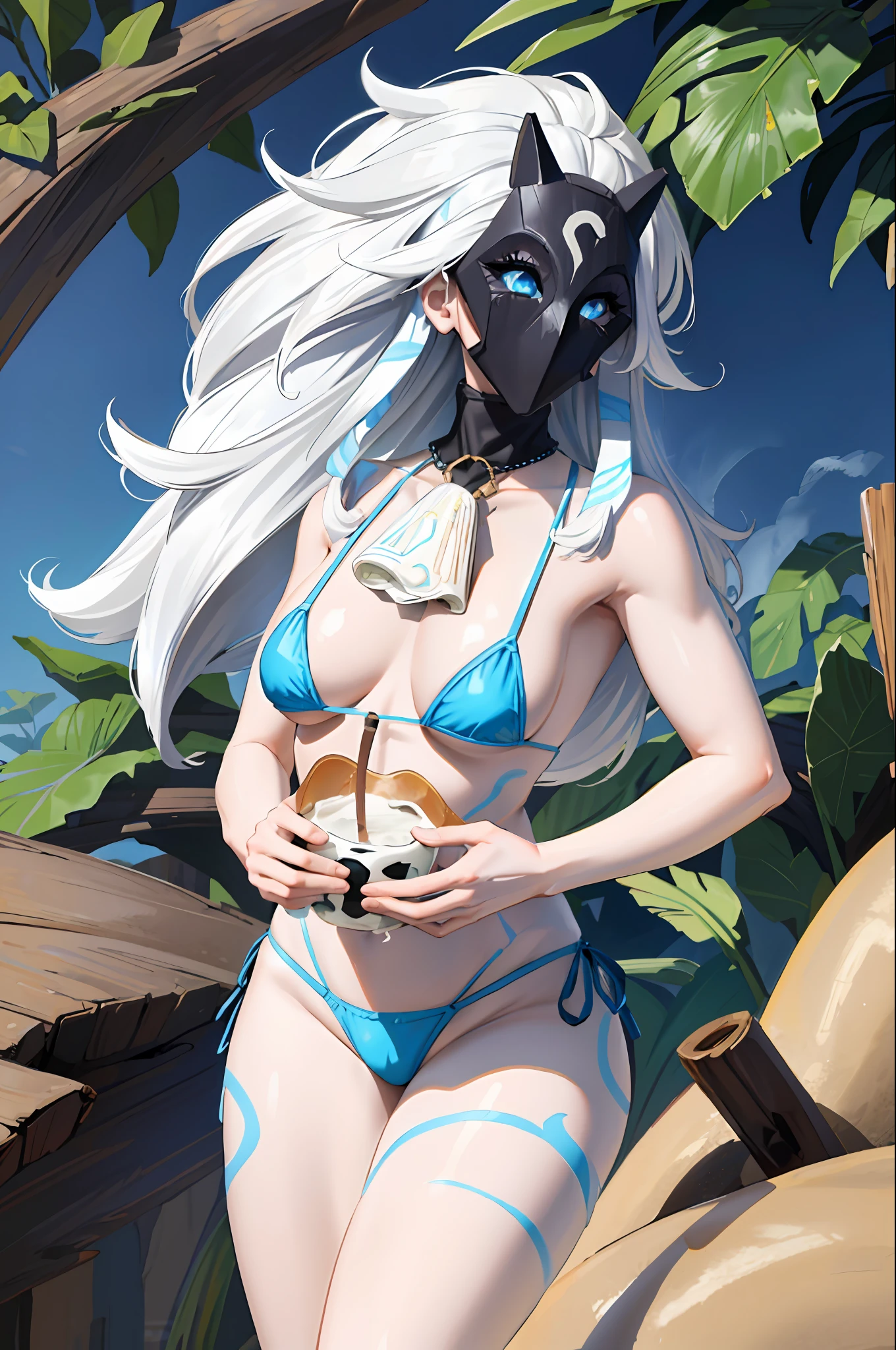 ((Cinematic light, Best quality, 8k, Masterpiece :1.3)), 1girl, Beautiful woman, (white hair, large breasts:1.3), rope panties, bra :1.2, hopefully falling, seductive open lips,1girl, standing, full body, hairy female, body hair, (white hair, white skin:1.1), chest tuft, digitigrade, white hair, long hair, black mask, (blue eyes, bright eyes:1.4),  small breasts, BREAK nature, jungle, magical forest, fantasy forest, grass, purple leaves, plants, bright flowers, rocks, day, sexy, showing off, showing armpits, ((nsfw)), ((sexual teasing)), ((((golden micro-bikini))), (((mask covering part of the face))), (( thin waist)), skinny, ((((mask full of milk))), ((mask dripping milk))), cummed mask, cum on mask, (((blue lipstick))),